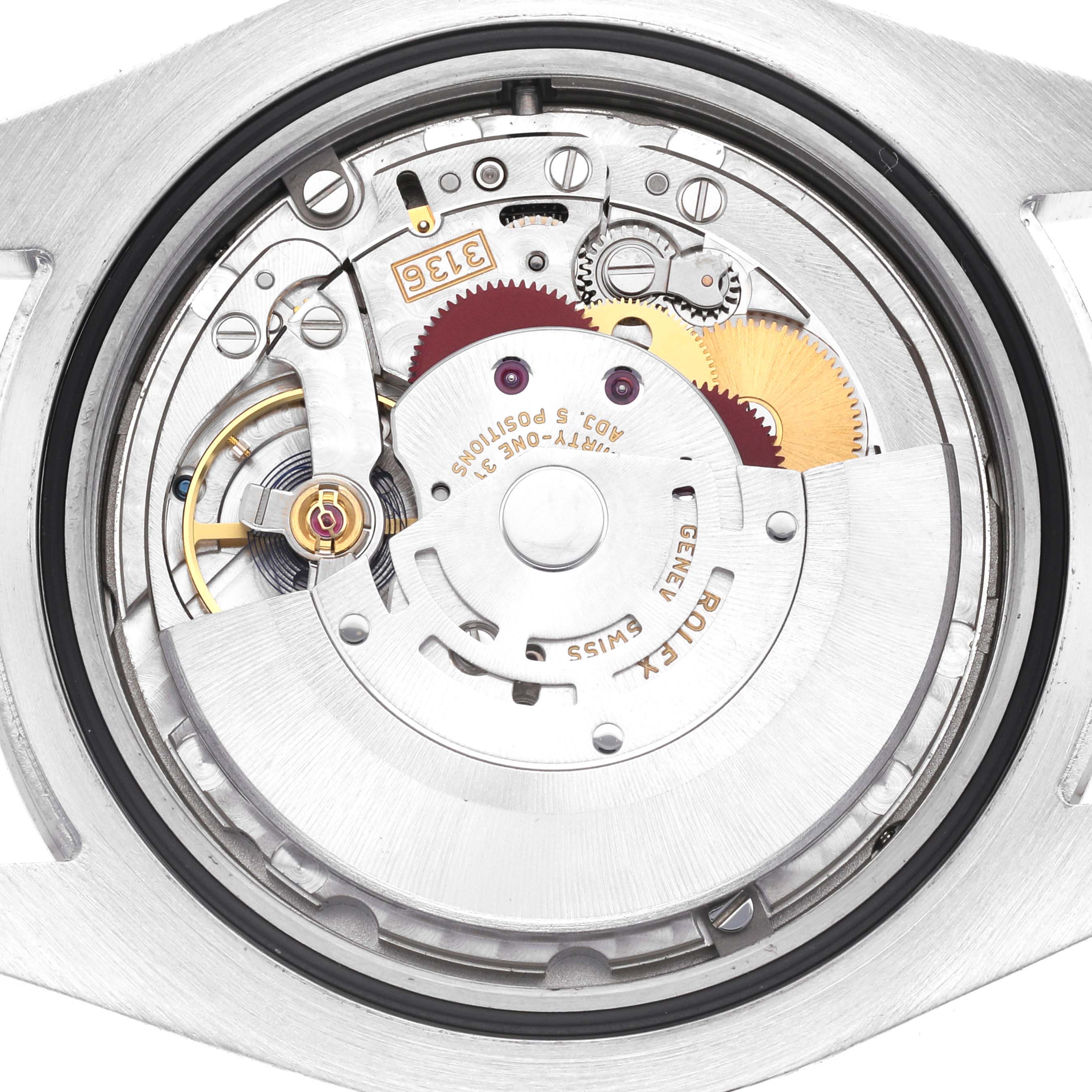 The image shows the back view of a Rolex Datejust 41 116334 Men
s Stainless Steel Black Dial 116334 Men
s Stainless Steel Black Dial, focusing on its intricate movement and mechanics.