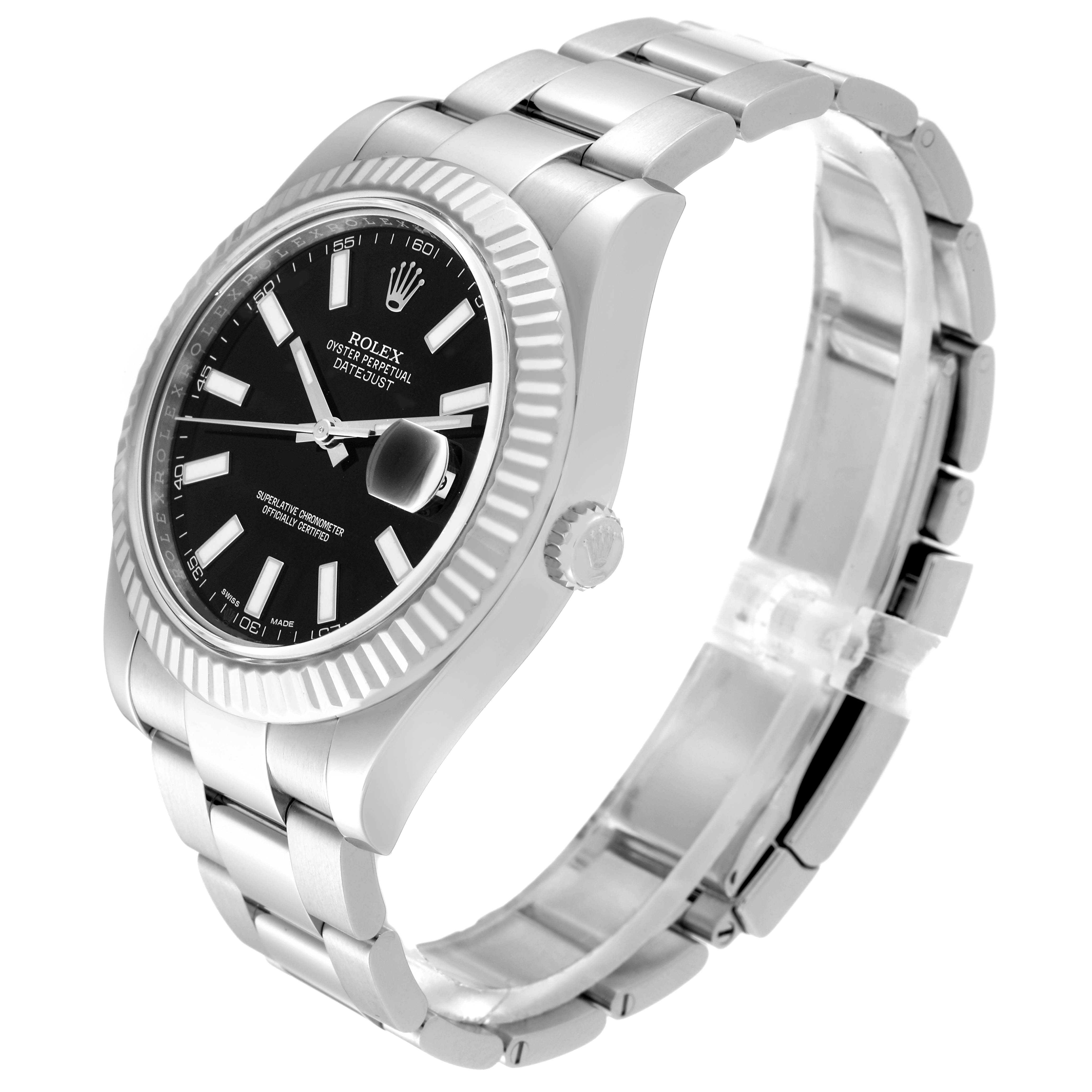 The Rolex Datejust 41 116334 Men
s Stainless Steel Black Dial 116334 Men
s Stainless Steel Black Dial is shown at an angled side view, highlighting the fluted bezel, black dial, and bracelet.