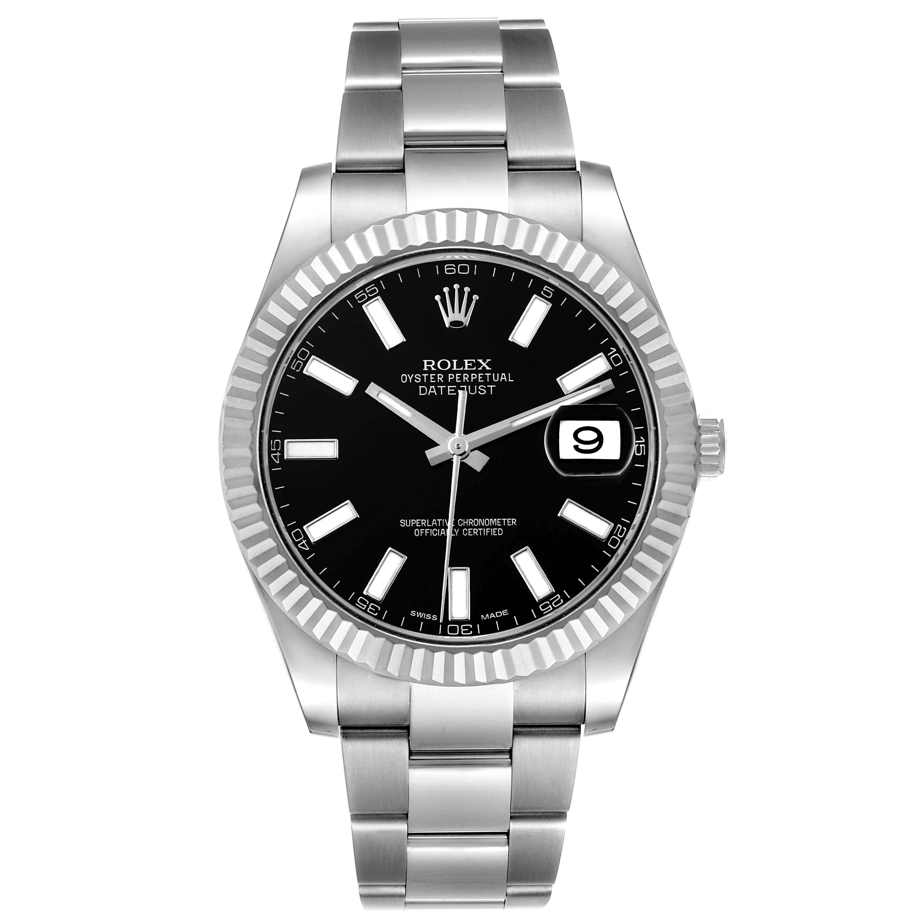 The Rolex Datejust 41 116334 Men
s Stainless Steel Black Dial 116334 Men
s Stainless Steel Black Dial is shown from a front angle, displaying the black dial, fluted bezel, and Oyster bracelet.