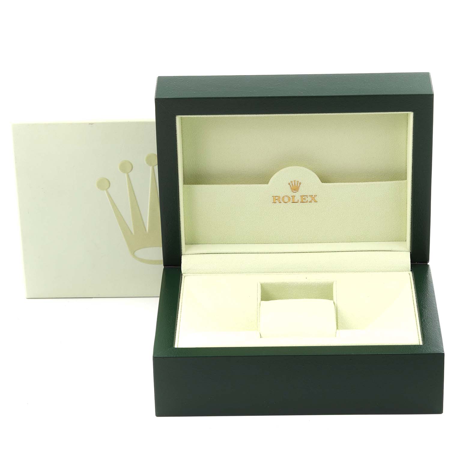 The image shows an open Rolex Datejust 41 116334 Men
s Stainless Steel Black Dial 116334 Men
s Stainless Steel Black Dial watch box from a frontal angle, featuring the inner cushion and brand logo.