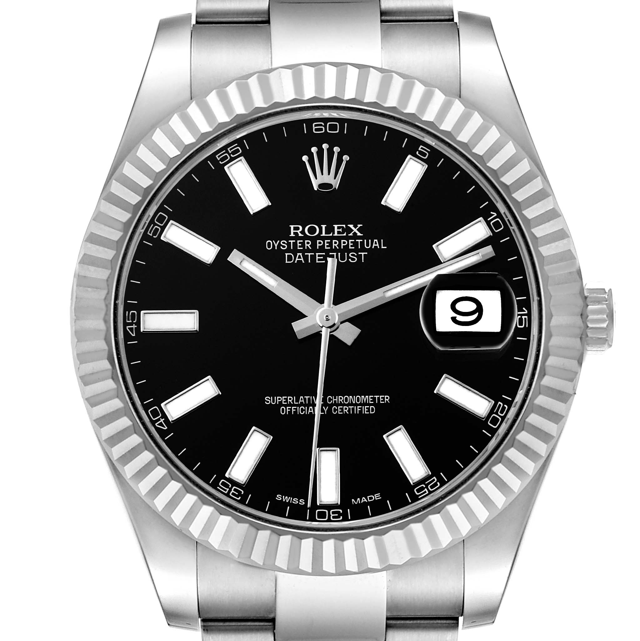 The Rolex Datejust 41 116334 Men
s Stainless Steel Black Dial 116334 Men
s Stainless Steel Black Dial watch is shown front-facing, displaying the dial, fluted bezel, and part of the bracelet.