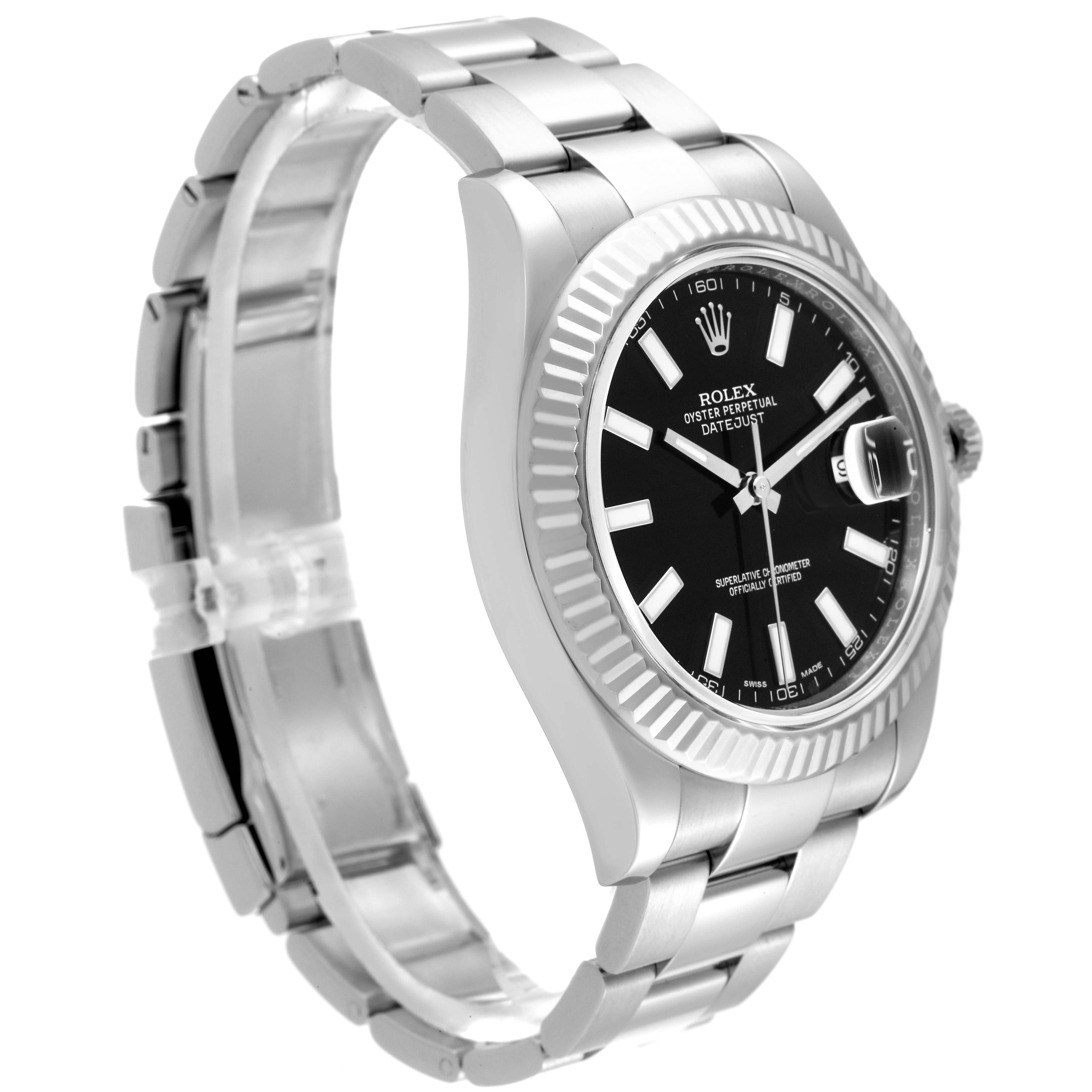 The Rolex Datejust 41 116334 Men
s Stainless Steel Black Dial 116334 Men
s Stainless Steel Black Dial is shown at a side angle, highlighting the bezel, black dial, bracelet, and crown.