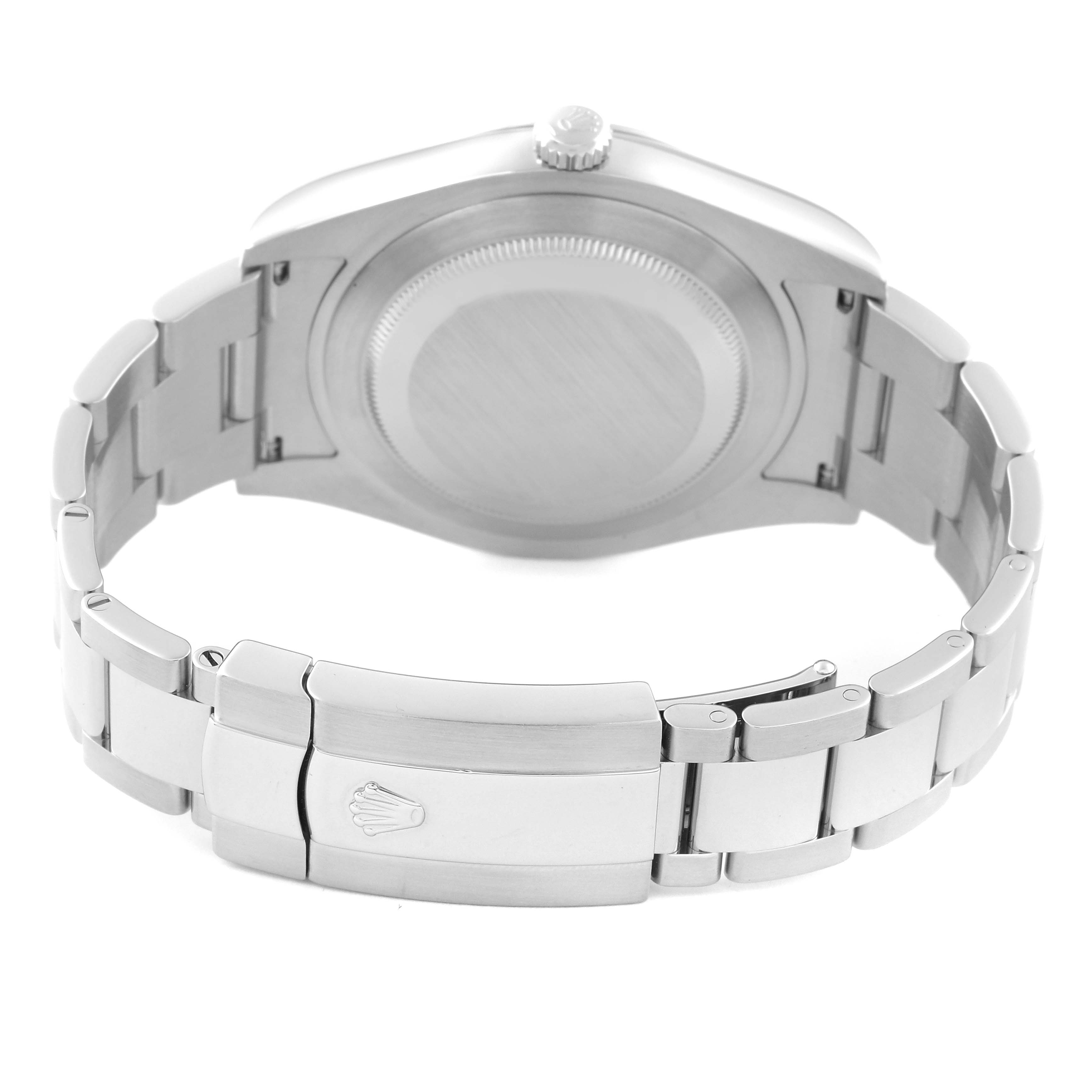 The image shows the back case and bracelet clasp of a Rolex Datejust 41 116334 Men
s Stainless Steel Black Dial 116334 Men
s Stainless Steel Black Dial from a rear angle.