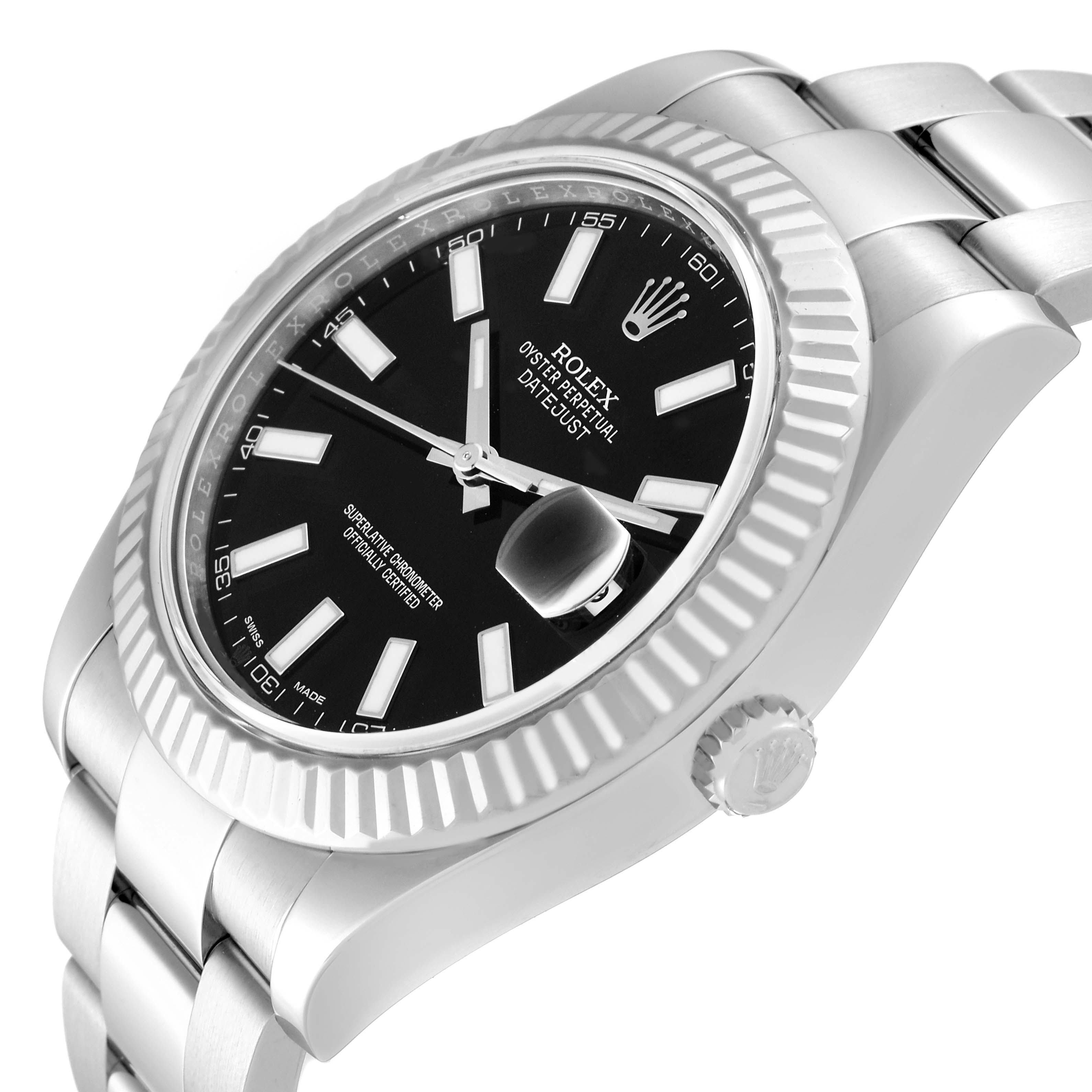 The Rolex Datejust 41 116334 Men
s Stainless Steel Black Dial 116334 Men
s Stainless Steel Black Dial is shown from a side angle, highlighting the face, bezel, and bracelet.