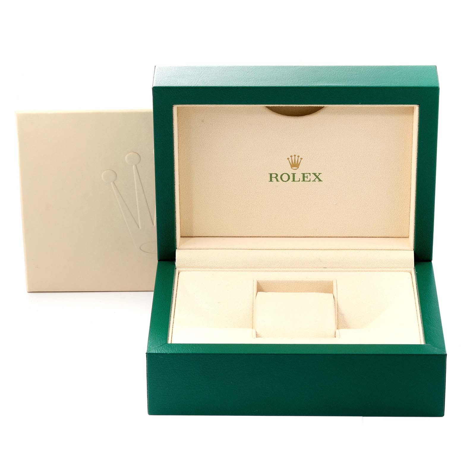 The image shows an open green and beige Rolex Datejust 41 116334 Men's Stainless Steel Blue Dial 116334 Men's Stainless Steel Blue Dial watch box viewed from the front, revealing the interior compartments.