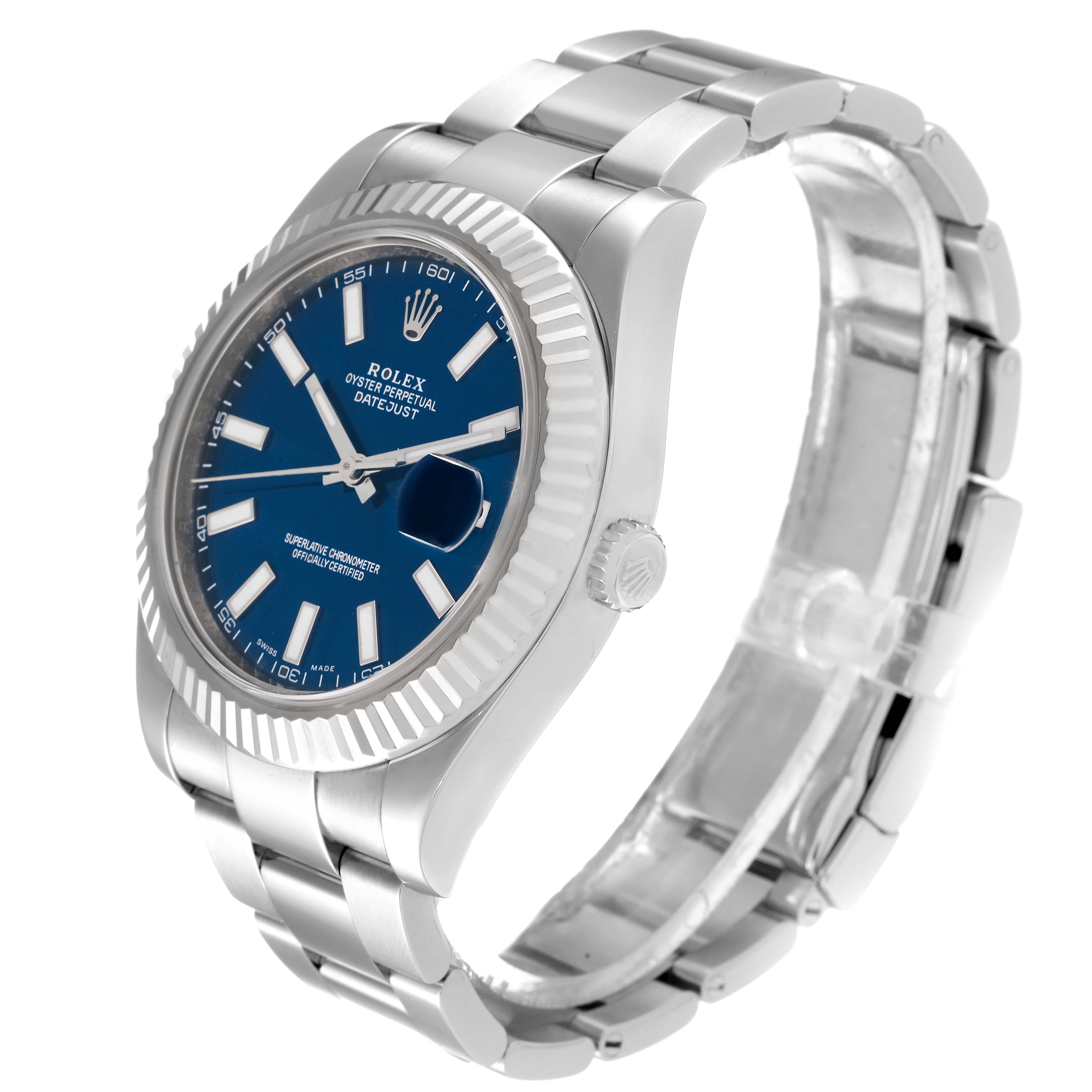 The Rolex Datejust 41 116334 Men's Stainless Steel Blue Dial 116334 Men's Stainless Steel Blue Dial is shown at an angled side view, highlighting the blue dial, fluted bezel, and stainless steel bracelet.