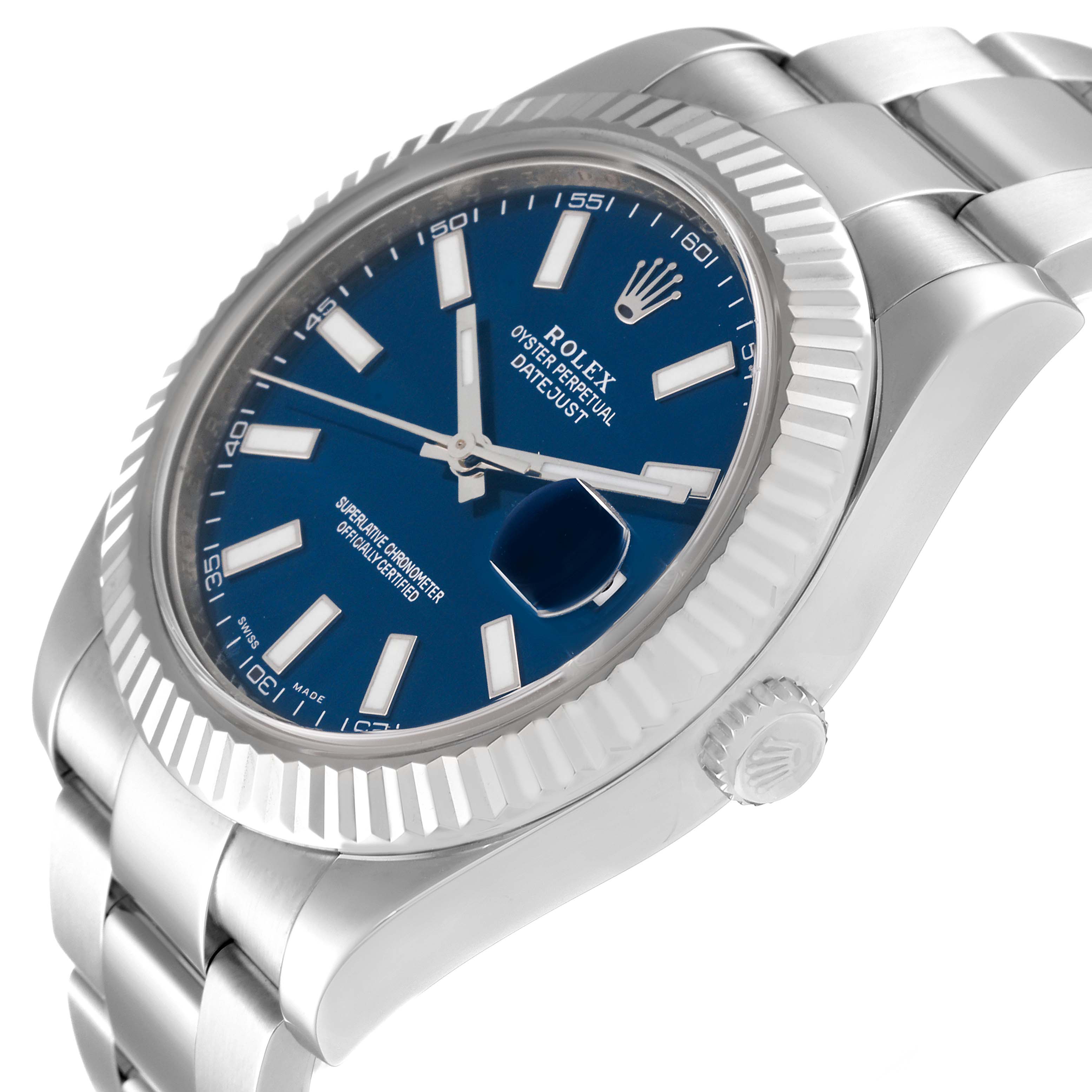 The image shows a close-up view of the Rolex Datejust 41 116334 Men's Stainless Steel Blue Dial 116334 Men's Stainless Steel Blue Dial watch, featuring its blue dial, fluted bezel, and stainless steel bracelet.