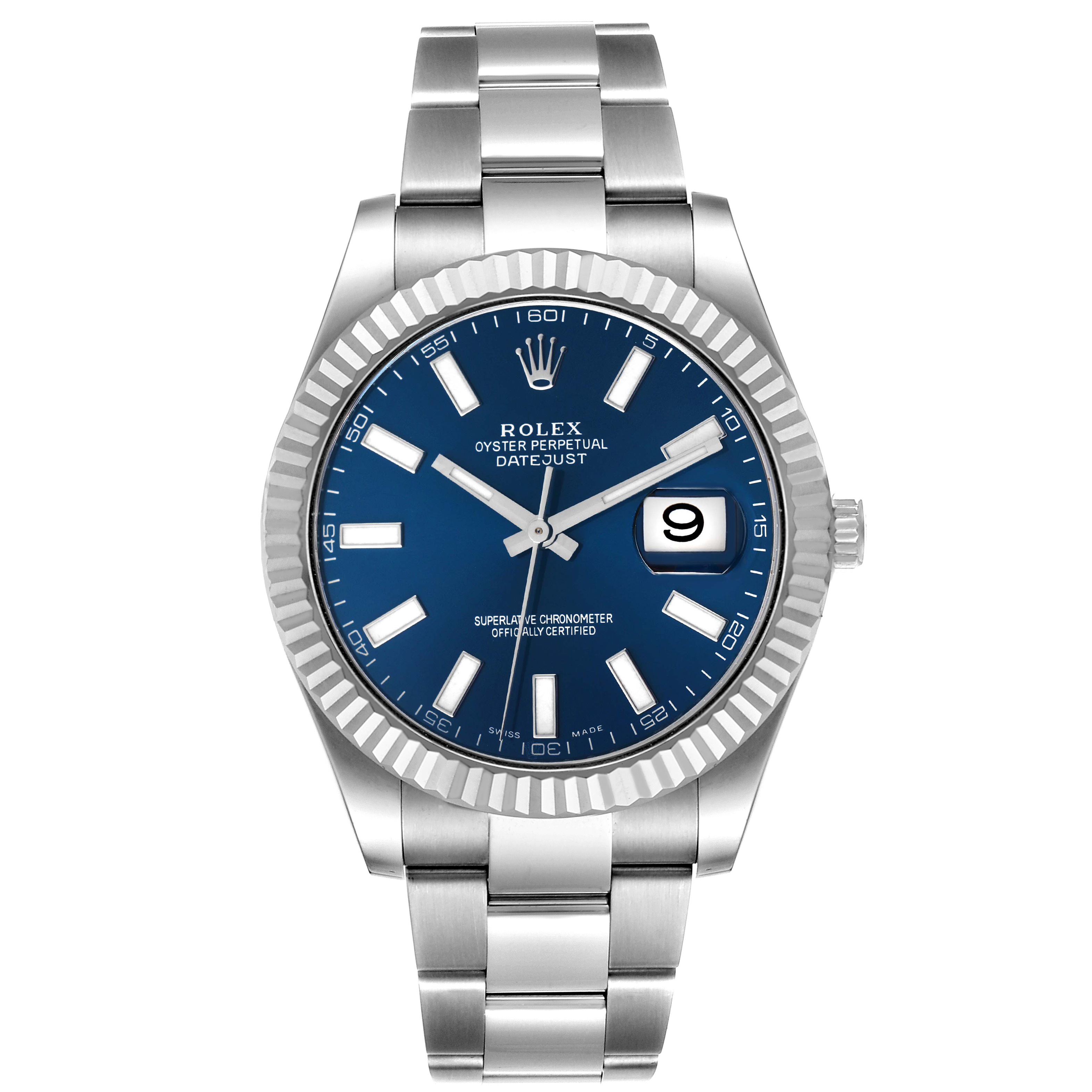 This image shows a Rolex Datejust 41 116334 Men's Stainless Steel Blue Dial 116334 Men's Stainless Steel Blue Dial watch from a front angle, highlighting its blue dial, date display, and stainless steel bracelet.