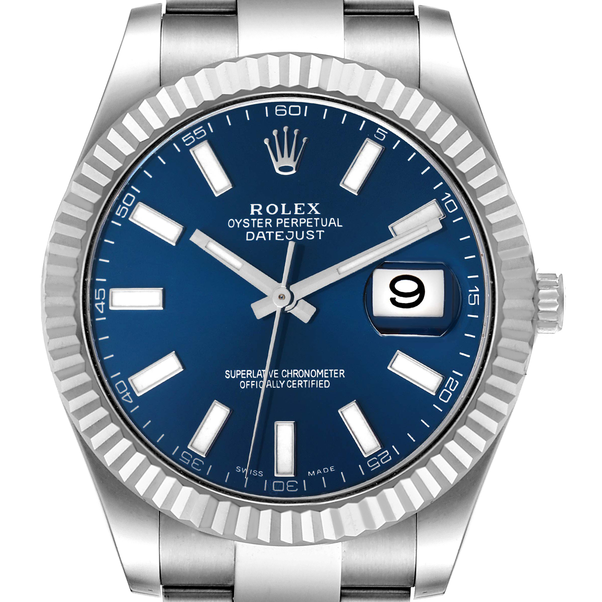 The image shows a frontal view of the Rolex Datejust 41 116334 Men's Stainless Steel Blue Dial 116334 Men's Stainless Steel Blue Dial with a blue dial, fluted bezel, and metal bracelet.