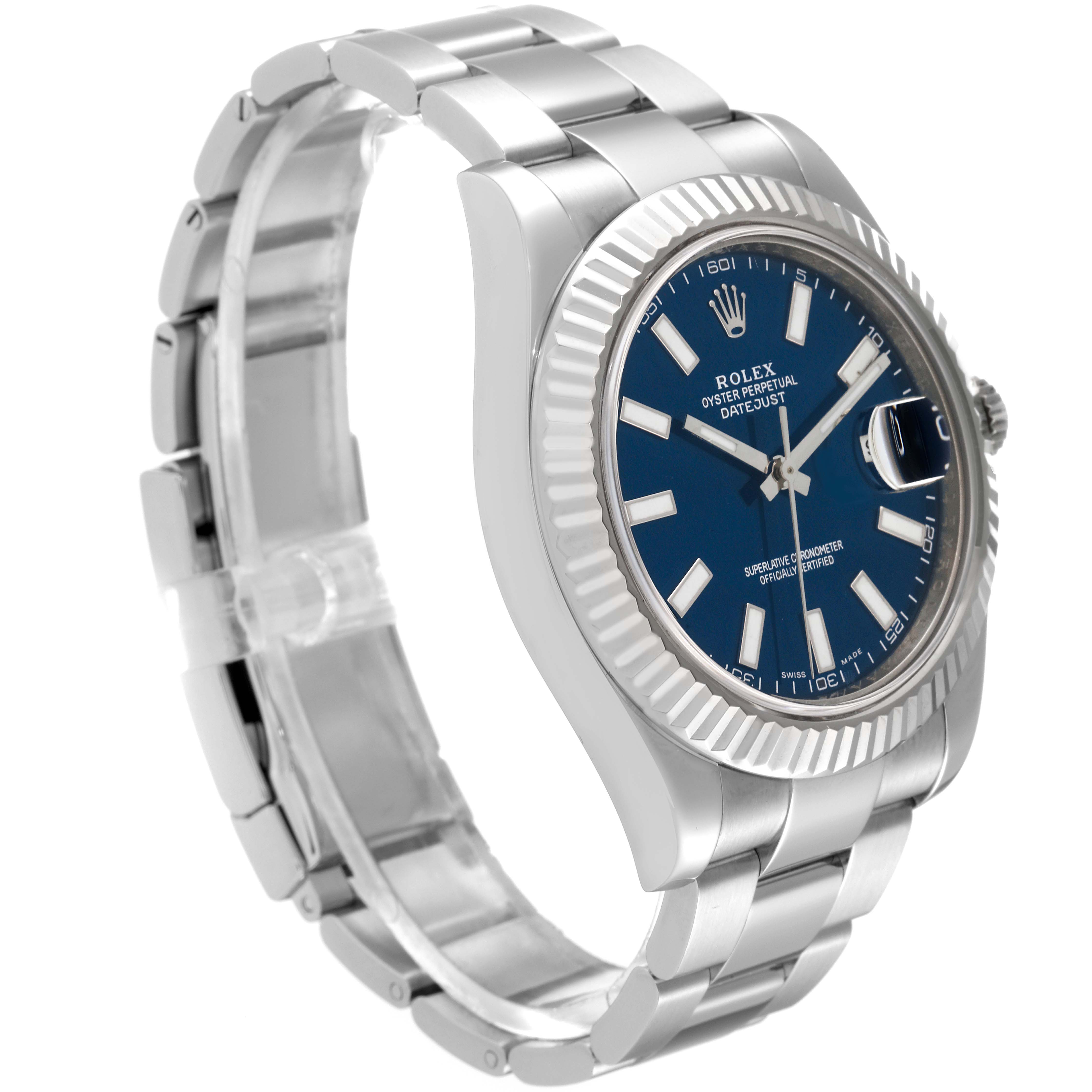 The image features a side angle view of a Rolex Datejust 41 116334 Men's Stainless Steel Blue Dial 116334 Men's Stainless Steel Blue Dial watch, showcasing its bracelet, blue dial, and fluted bezel.