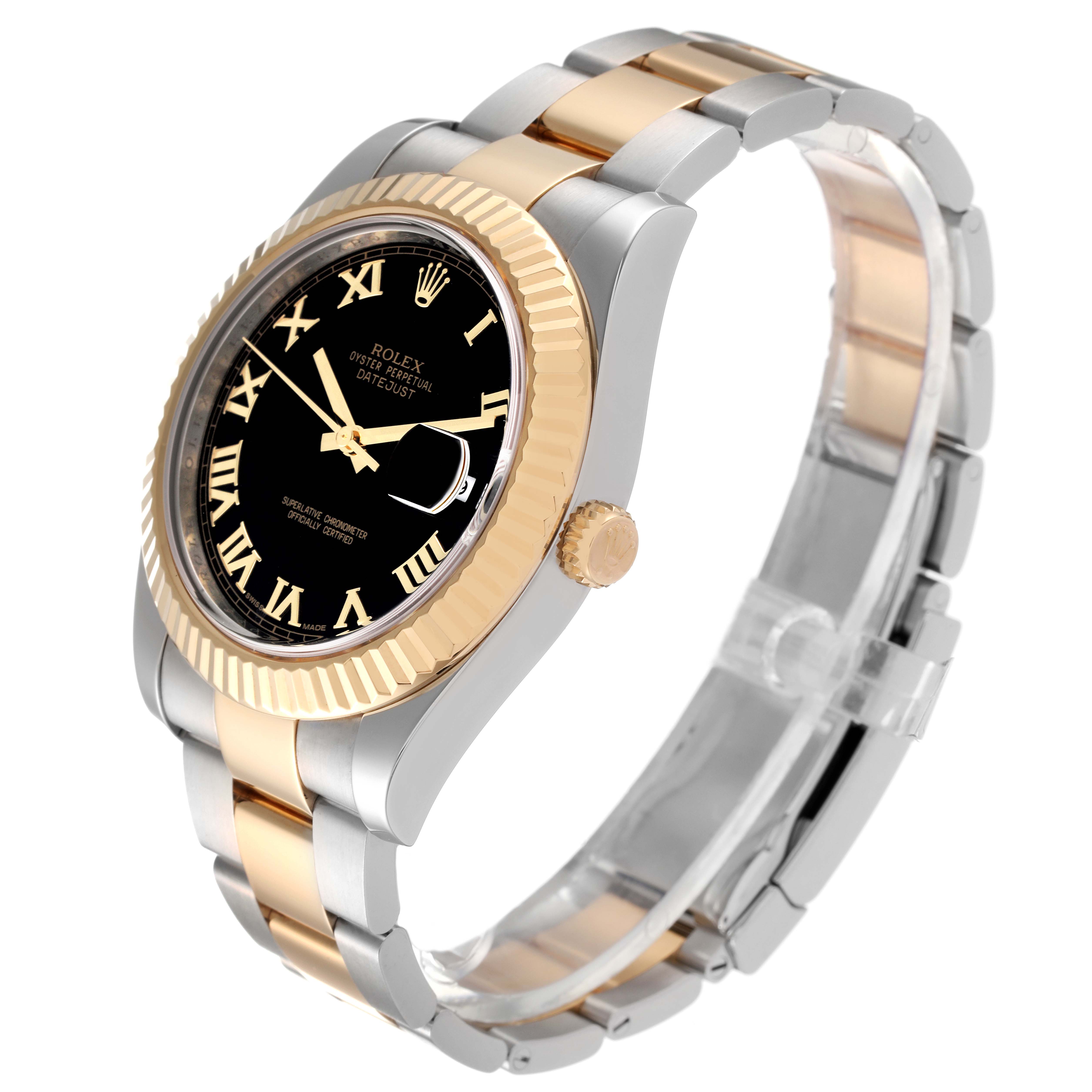 The Rolex Datejust 116333 Men
s Steel and Gold (two tone) Black Dial 116333 Men
s Steel and Gold (two tone) Black Dial watch is shown at a diagonal angle, highlighting the black dial, two-tone bezel, and bracelet.