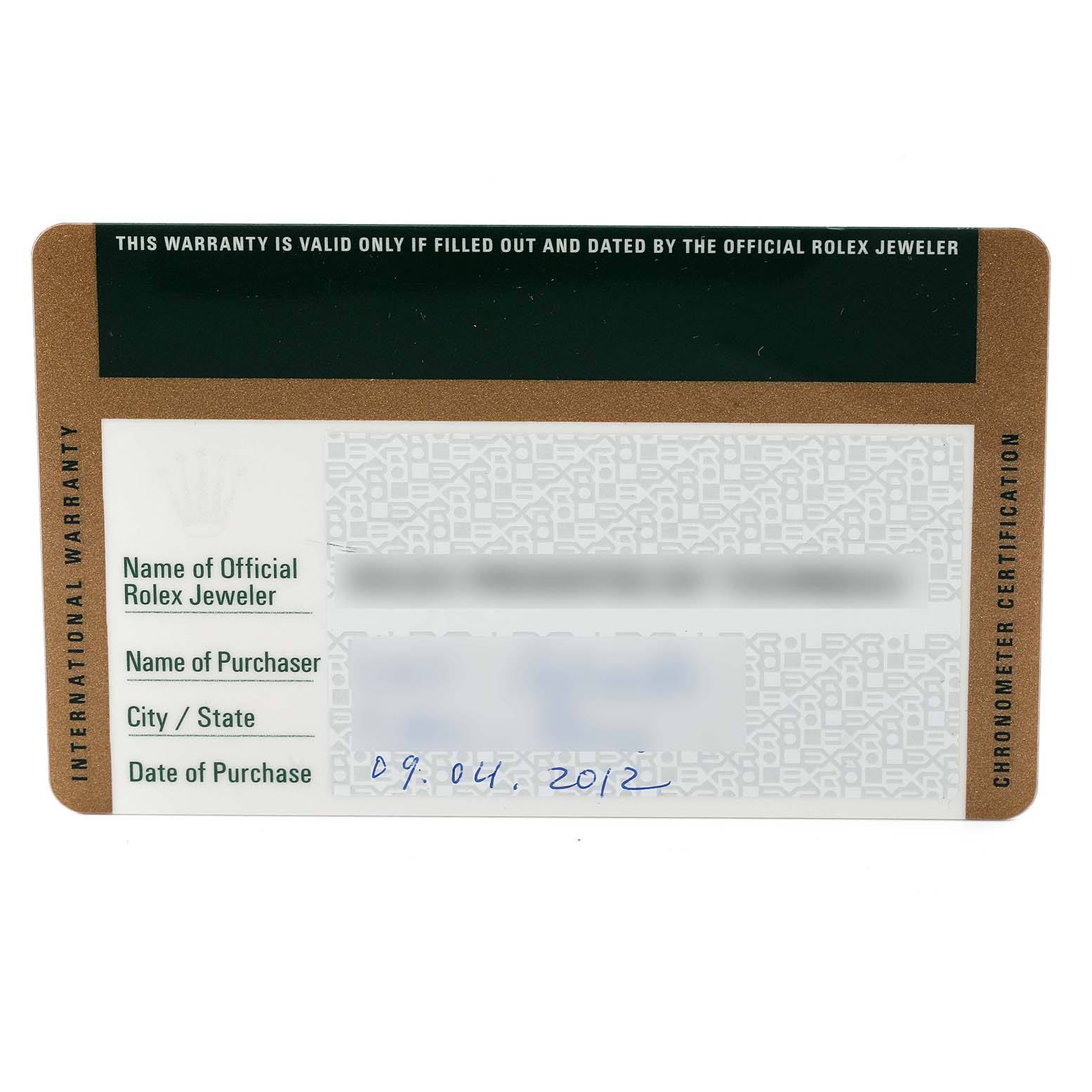 This image shows the warranty card for a Rolex Datejust 116333 Men
s Steel and Gold (two tone) Black Dial 116333 Men
s Steel and Gold (two tone) Black Dial watch, including purchaser details and date of purchase.