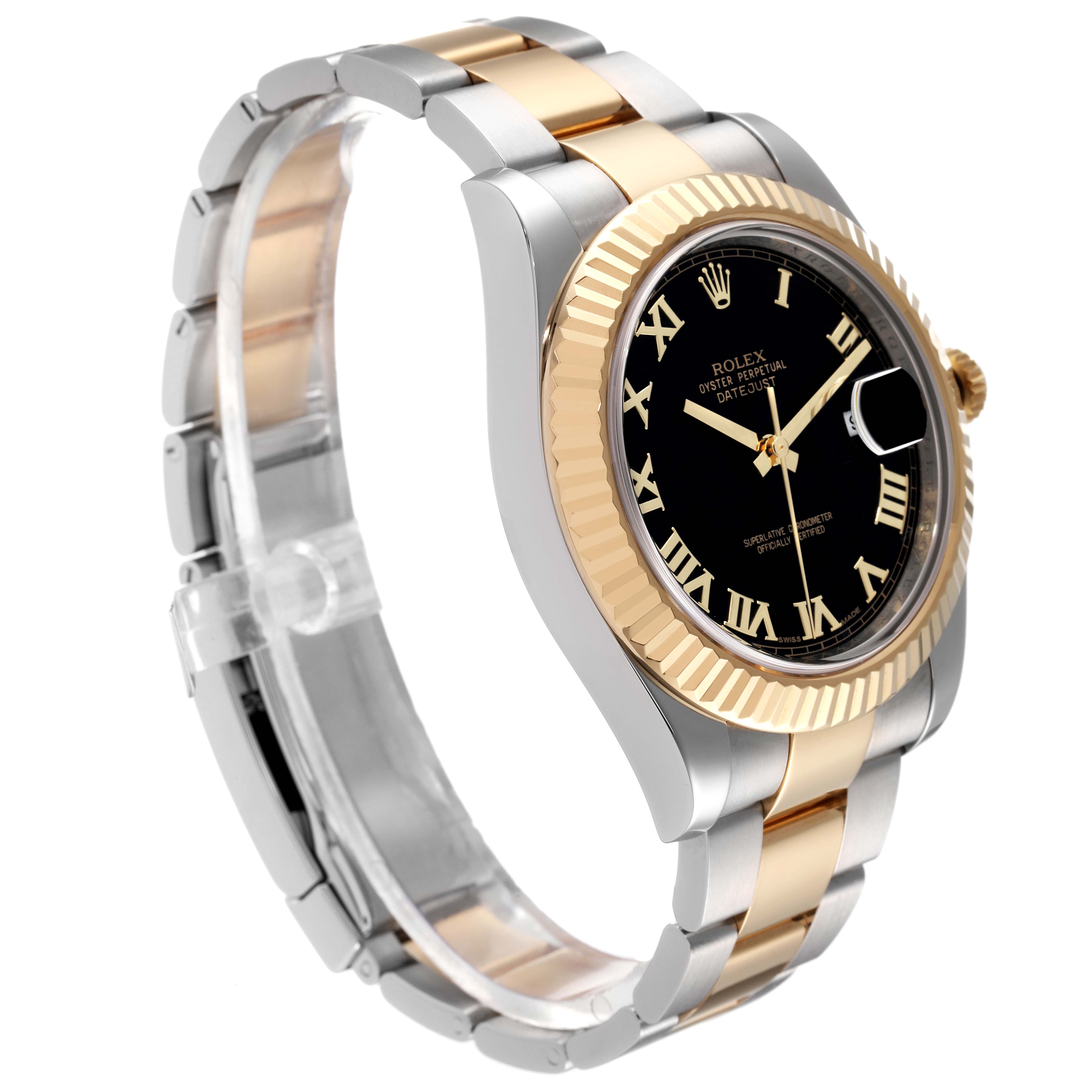 The image shows a side-angle view of a Rolex Datejust 116333 Men
s Steel and Gold (two tone) Black Dial 116333 Men
s Steel and Gold (two tone) Black Dial watch, highlighting the two-tone bracelet, black dial, and fluted bezel.