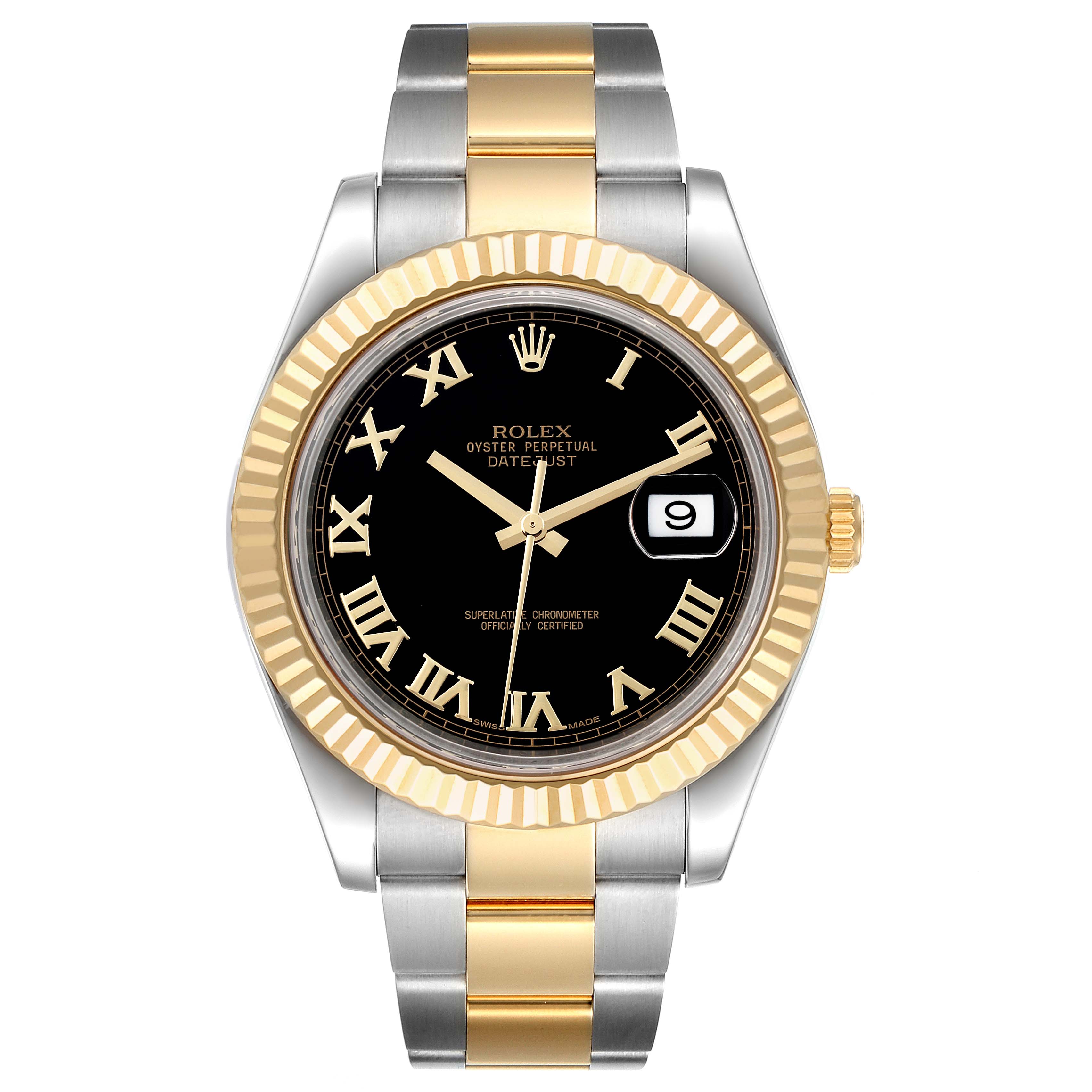 The image shows a front view of the Rolex Datejust 116333 Men
s Steel and Gold (two tone) Black Dial 116333 Men
s Steel and Gold (two tone) Black Dial watch, displaying the dial, bezel, crown, and bracelet.