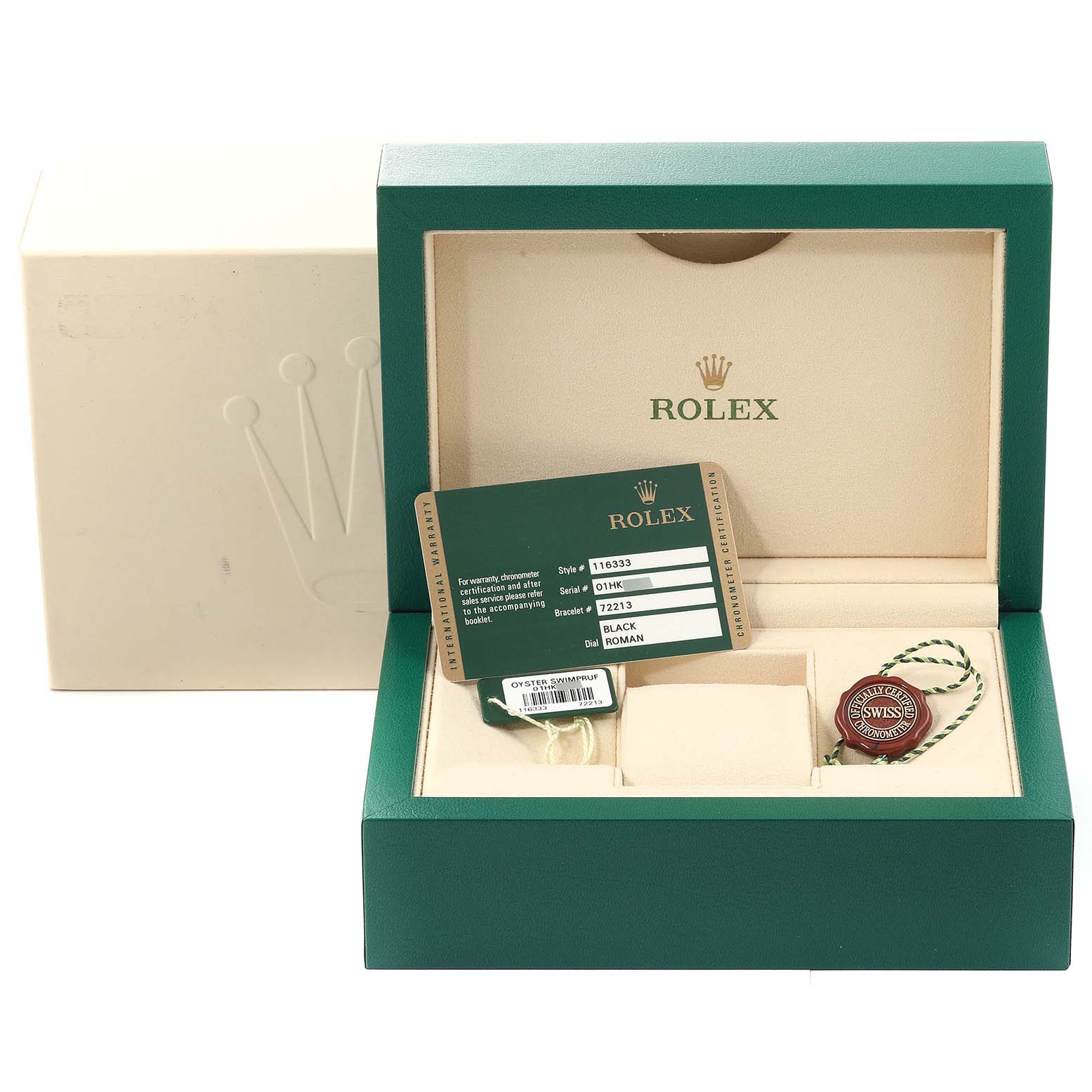 The image shows the open box and accessories for a Rolex Datejust 116333 Men
s Steel and Gold (two tone) Black Dial 116333 Men
s Steel and Gold (two tone) Black Dial, including tags and a card.