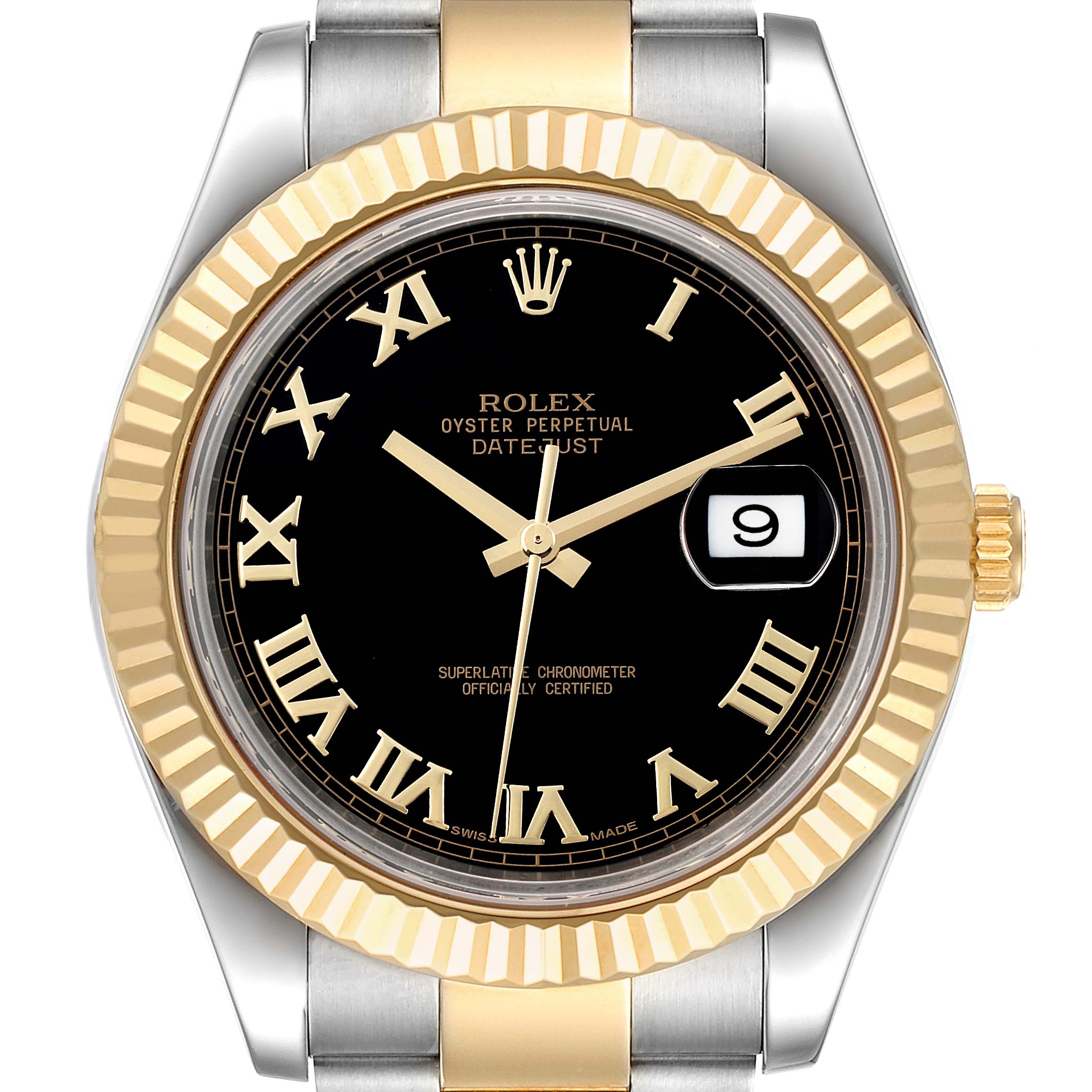 This Rolex Datejust 116333 Men
s Steel and Gold (two tone) Black Dial 116333 Men
s Steel and Gold (two tone) Black Dial watch is shown at a frontal angle, highlighting the black dial, Roman numerals, gold fluted bezel, and date window.