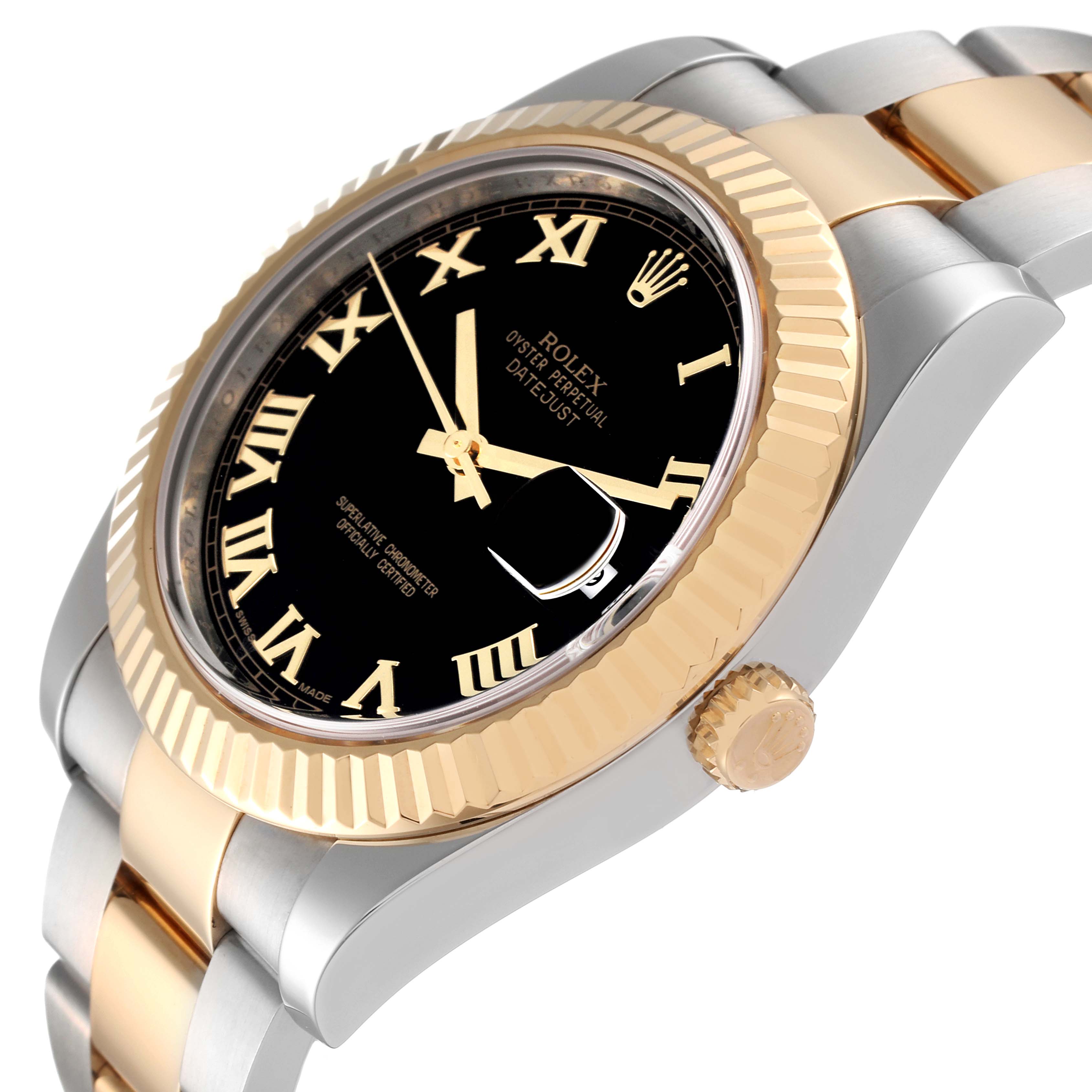 The image shows a Rolex Datejust 116333 Men
s Steel and Gold (two tone) Black Dial 116333 Men
s Steel and Gold (two tone) Black Dial watch at an angled close-up, highlighting the dial, bezel, crown, and part of the bracelet.