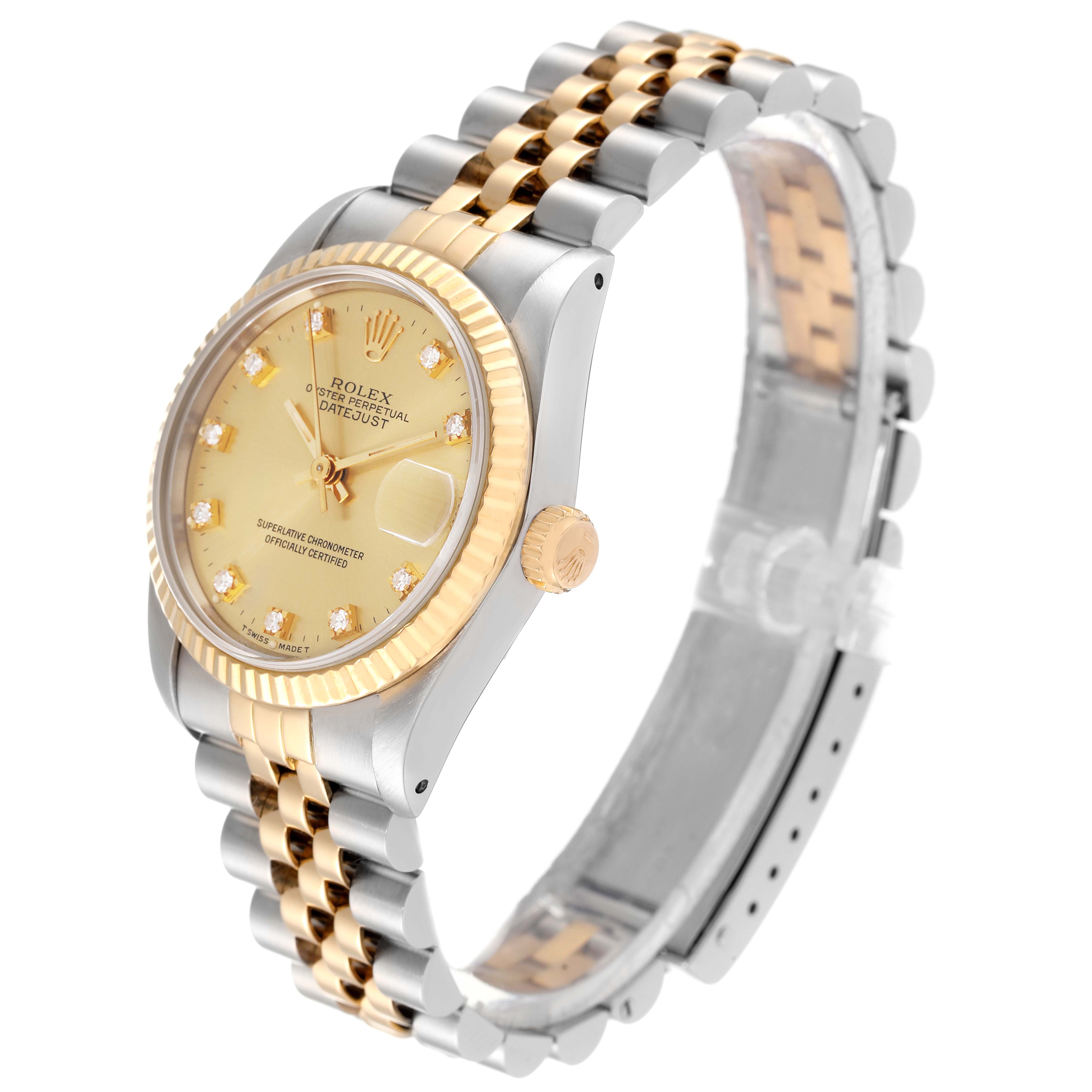 The image shows a side and partial front angle of a Rolex Mid-Size 68273 Women
s Steel and Gold (two tone) Champagne Dial 68273 Women
s Steel and Gold (two tone) Champagne Dial Datejust watch, highlighting its dial, bezel, and Jubilee bracelet.