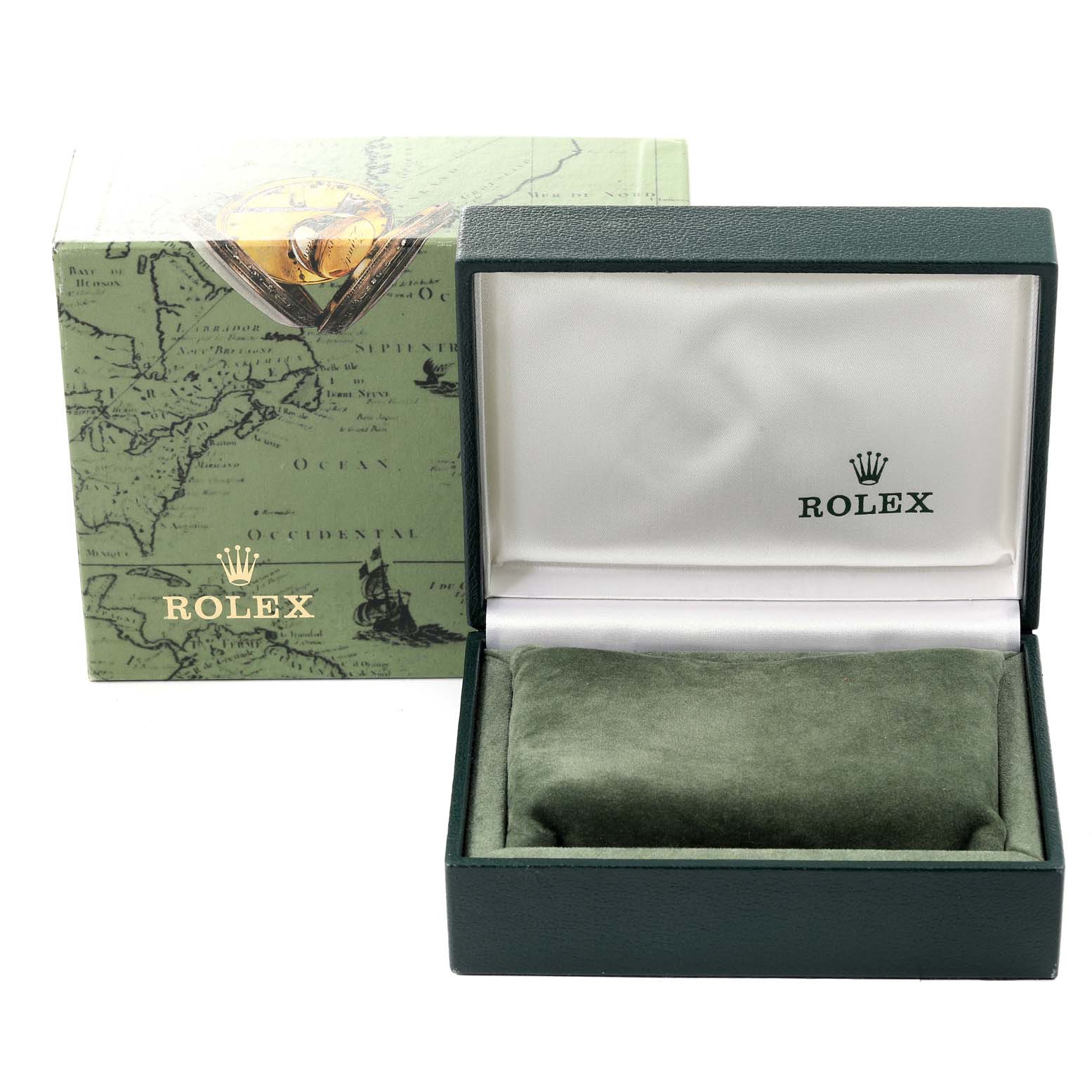 The image shows a green Rolex watch box with the lid open, revealing the interior cushion, and a green outer packaging box.