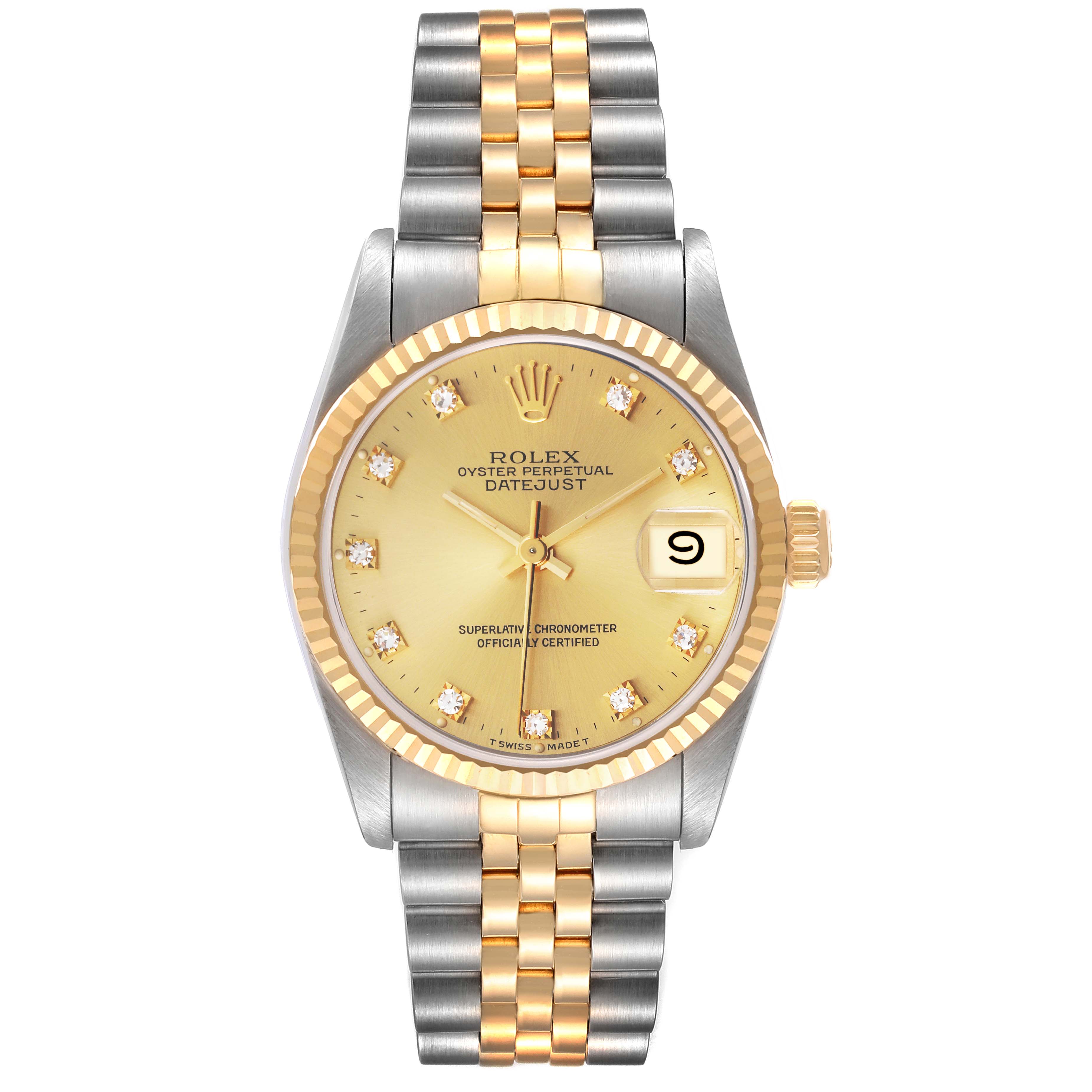 This image shows a front view of a Rolex Datejust Mid-Size watch, displaying its gold and silver bracelet, gold dial, and date window.