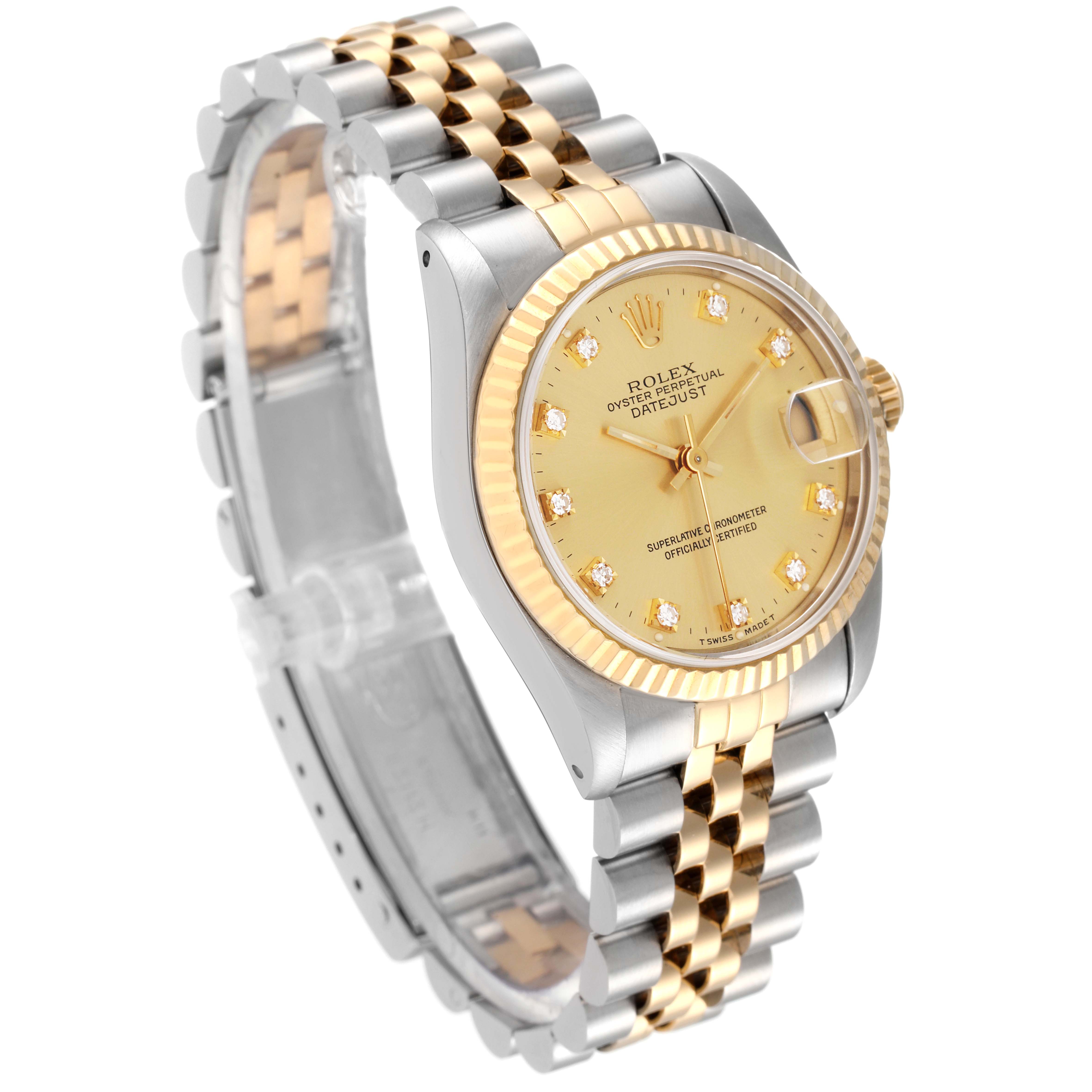 This image shows a Rolex Datejust Mid-Size watch at a three-quarter angle, highlighting the dial, bezel, and bracelet.