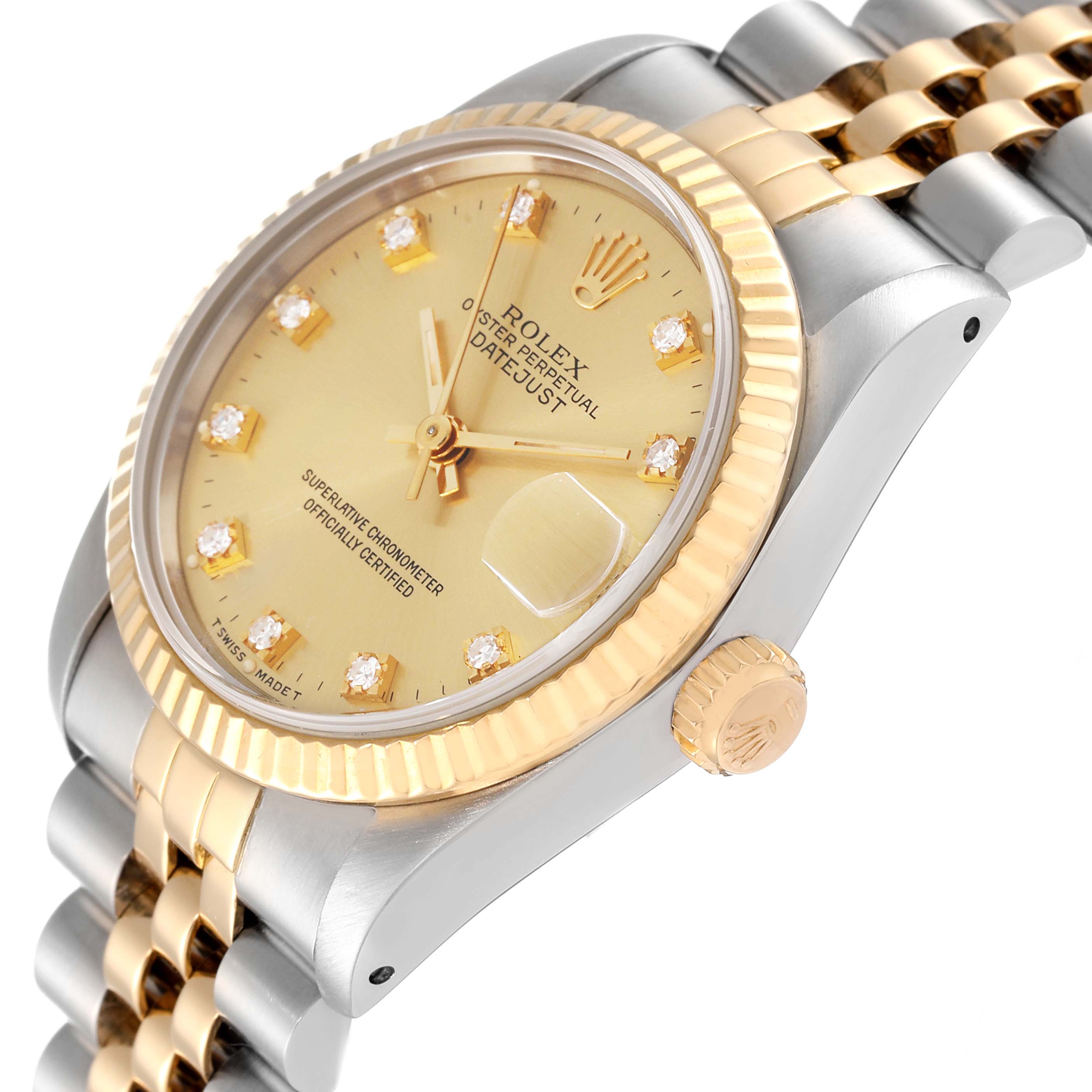 The image shows a close-up angle of a Mid-Size Rolex Datejust watch, highlighting the face, bezel, crown, and part of the bracelet.