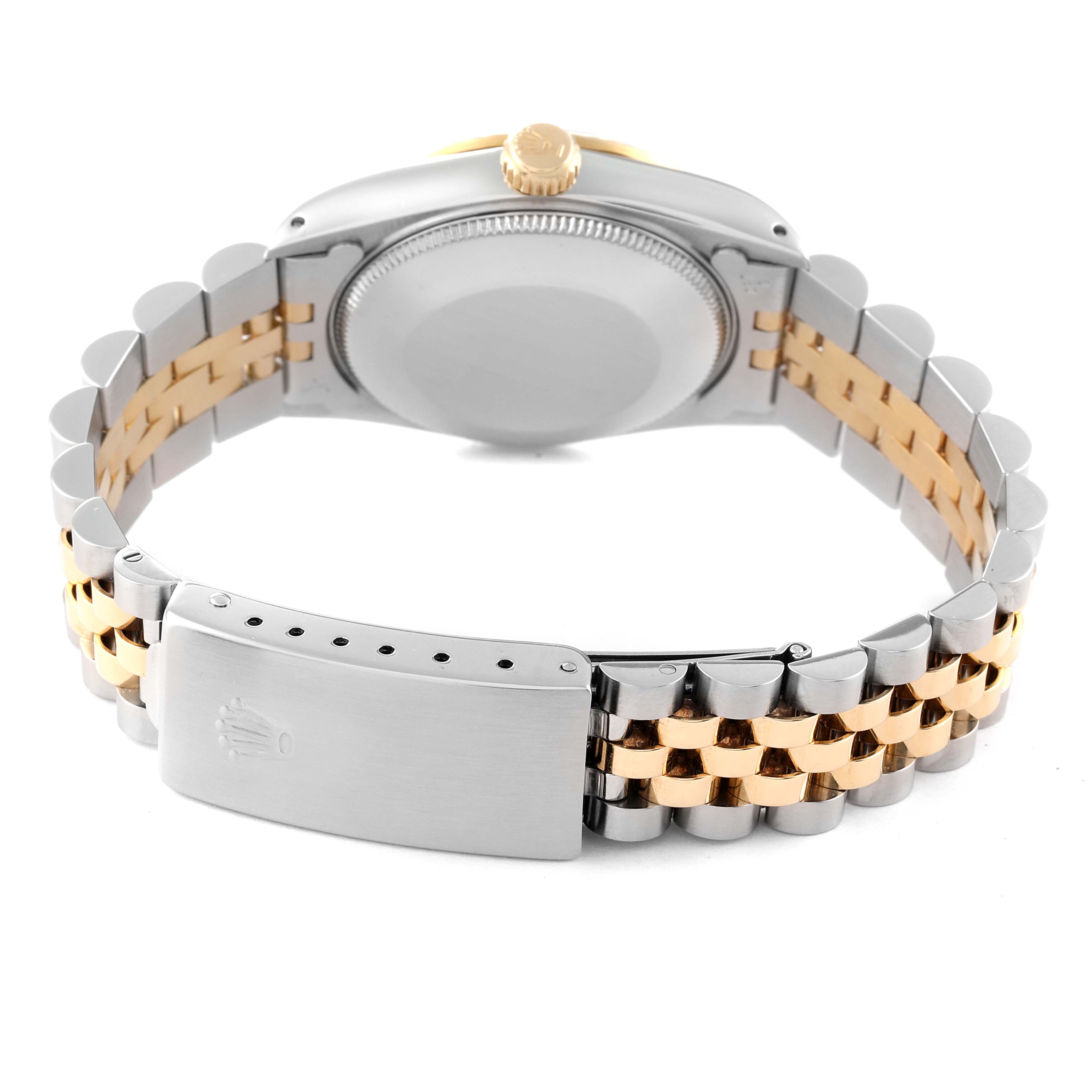 A Rolex Mid-Size 68273 Women
s Steel and Gold (two tone) Champagne Dial 68273 Women
s Steel and Gold (two tone) Champagne Dial watch is shown from the rear, highlighting the clasp, bracelet, case back, and crown.