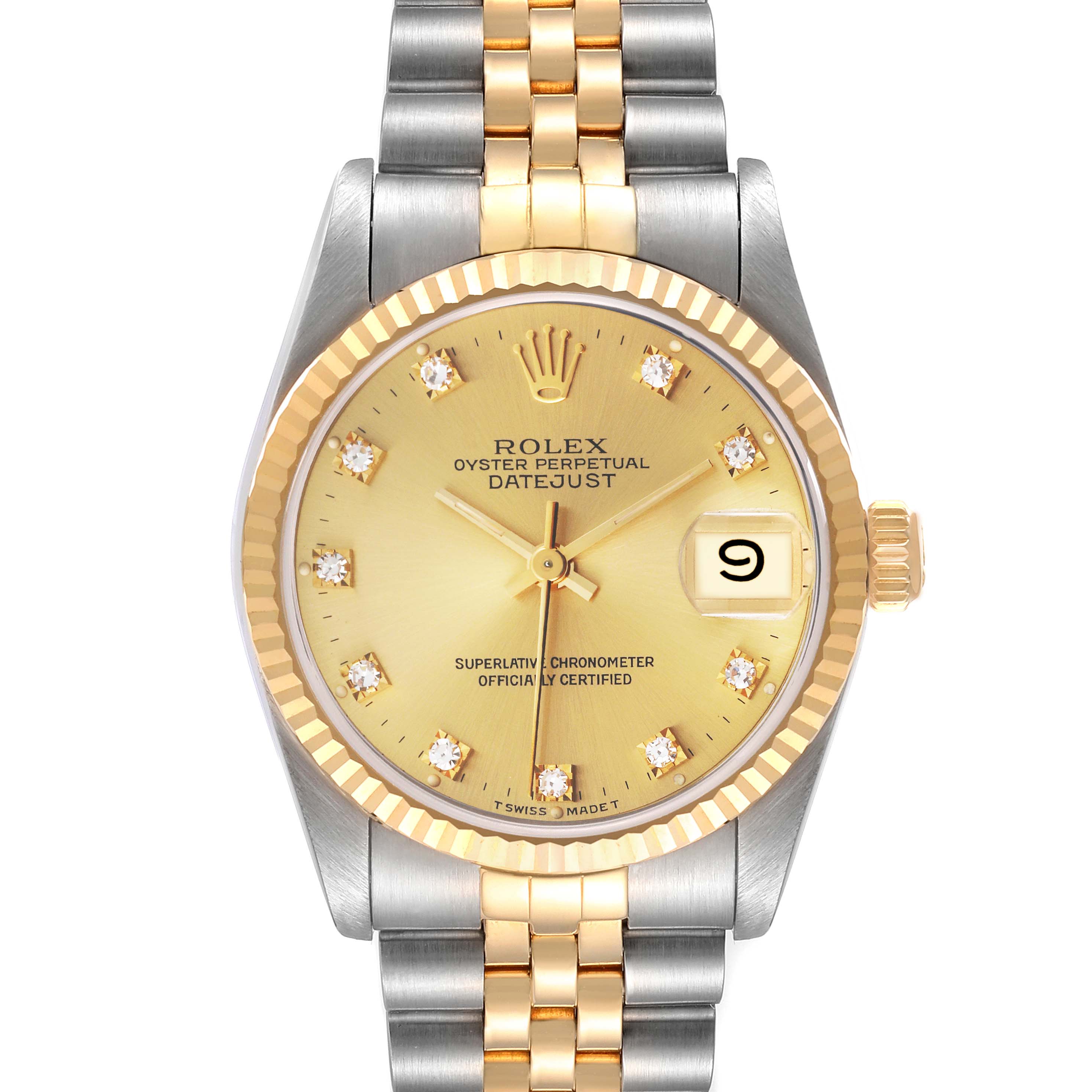 The image shows a front view of a Rolex Mid-Size 68273 Women
s Steel and Gold (two tone) Champagne Dial 68273 Women
s Steel and Gold (two tone) Champagne Dial Oyster Perpetual Datejust, featuring a two-tone bracelet and a gold dial.