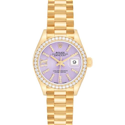 The Rolex President 279138 Women's Yellow Gold Purple Dial model watch is shown from a front view, highlighting its gold bracelet, purple dial, diamond bezel, and date window.