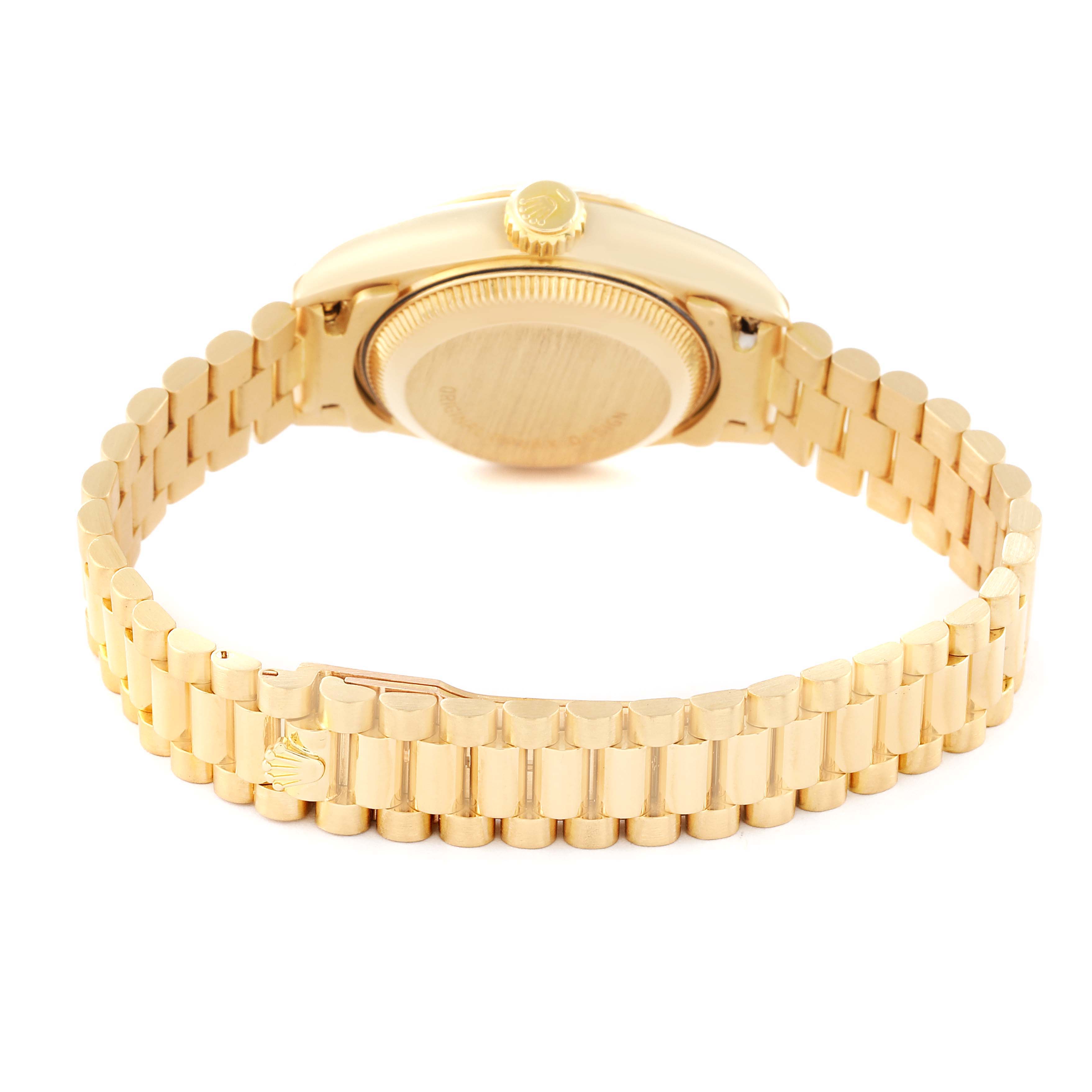 The image shows the back view of a Rolex President 69178 Women's Yellow Gold Champagne Dial 69178 Women's Yellow Gold Champagne Dial model watch, highlighting the bracelet and clasp.