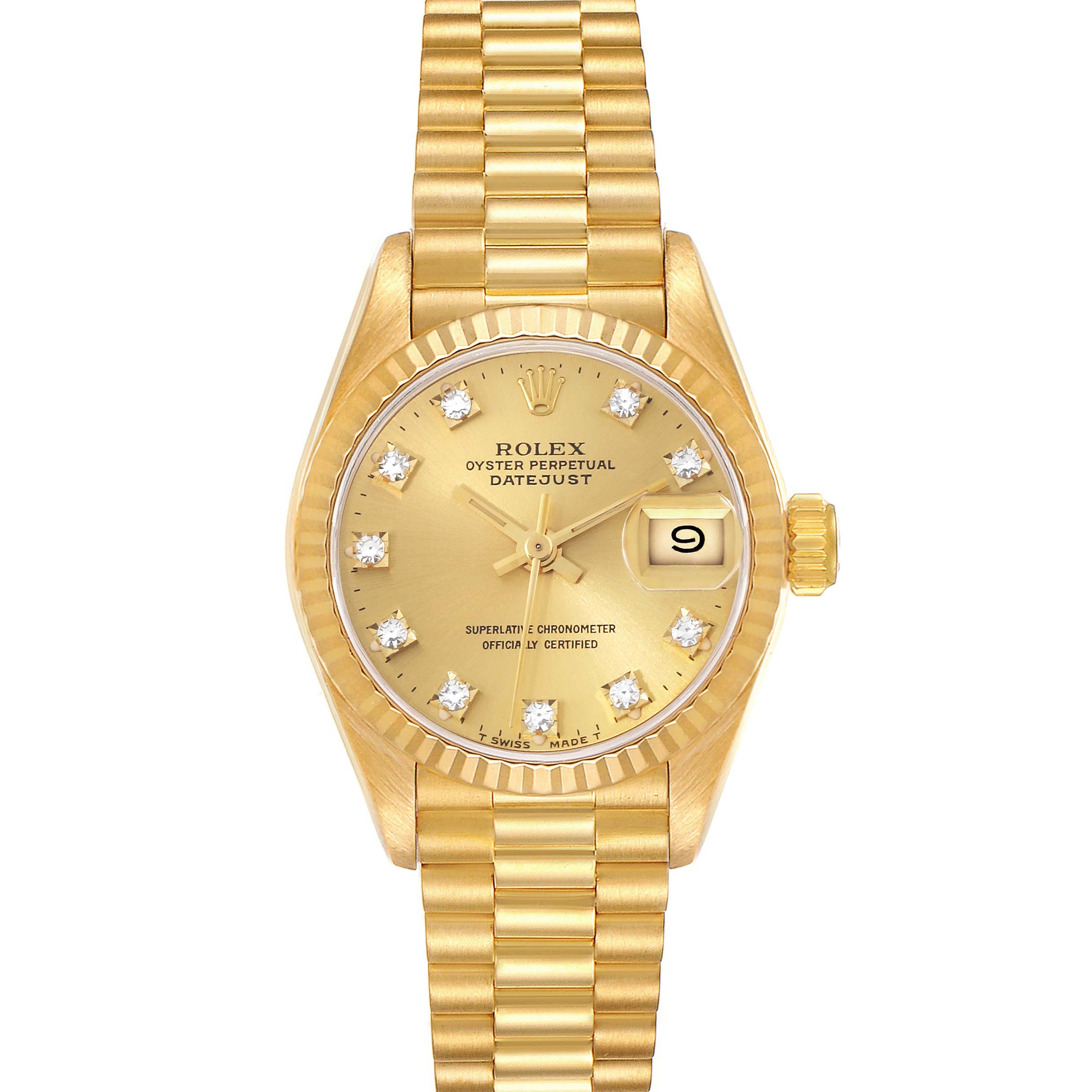 The image shows a Rolex President 69178 Women's Yellow Gold Champagne Dial 69178 Women's Yellow Gold Champagne Dial model watch head-on, displaying the face, dial, bezel, crown, and bracelet.