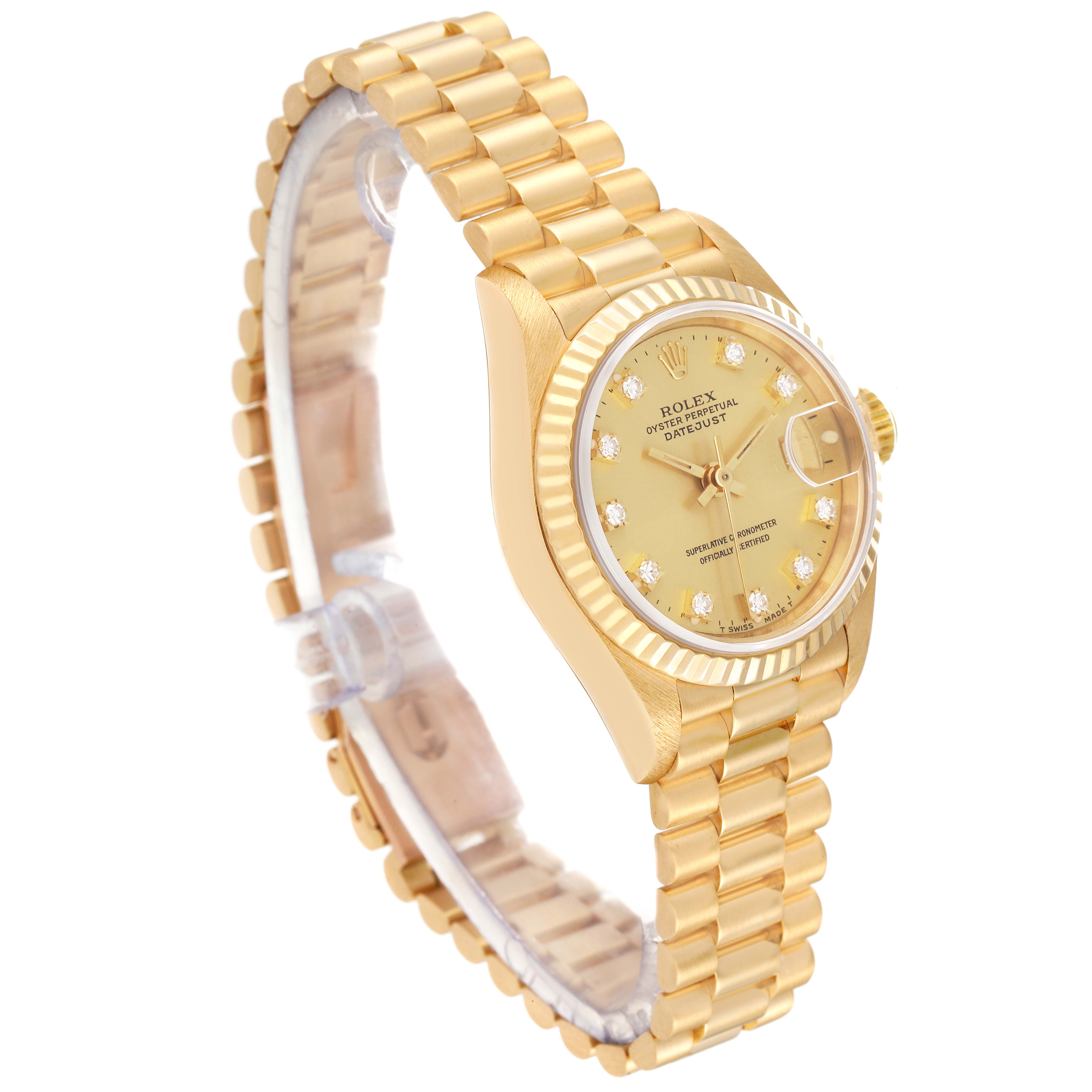 The image shows a side view of a Rolex President 69178 Women's Yellow Gold Champagne Dial 69178 Women's Yellow Gold Champagne Dial model watch, highlighting the gold bracelet, bezel, and face with a date window.