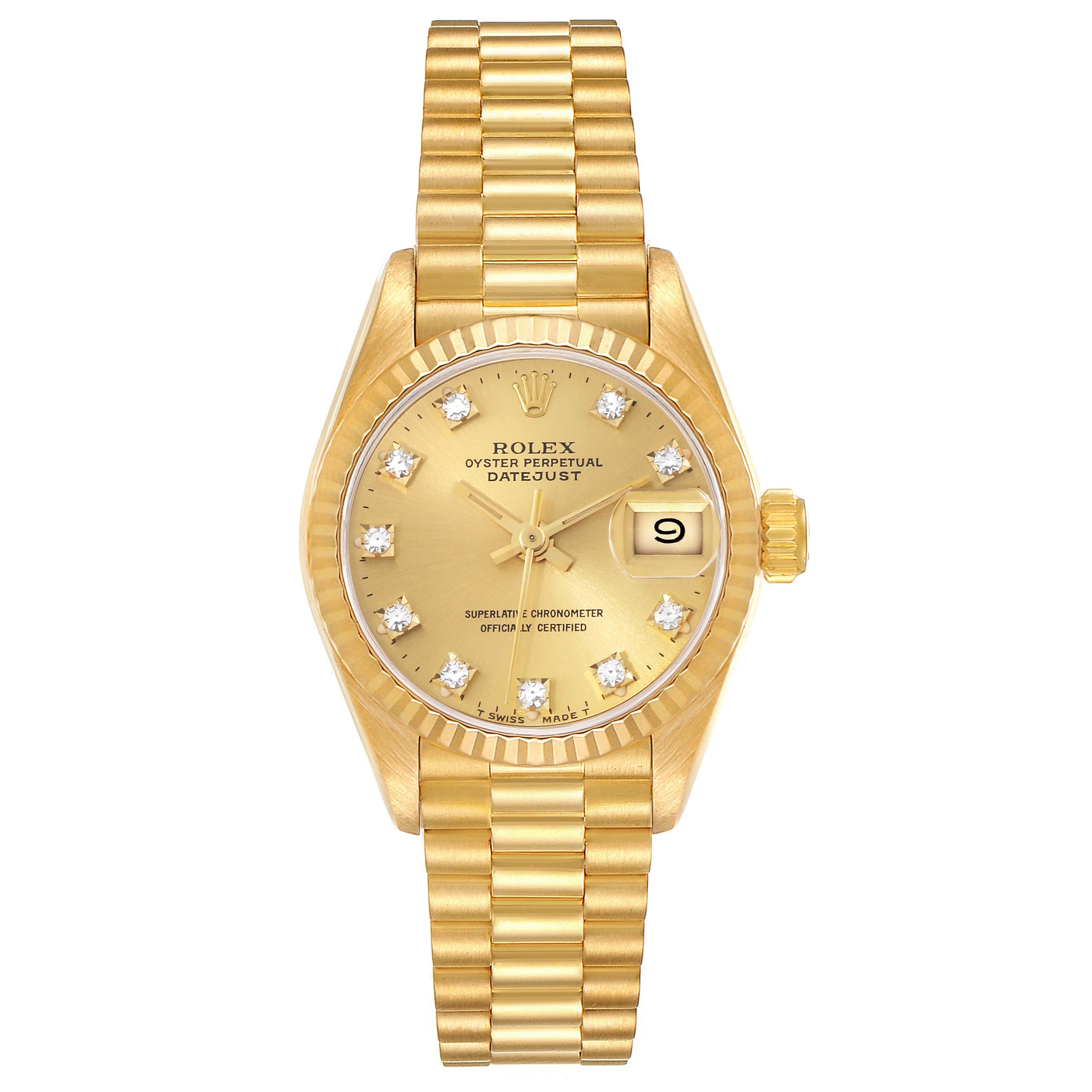 This Rolex President 69178 Women's Yellow Gold Champagne Dial 69178 Women's Yellow Gold Champagne Dial model watch is shown from a front view, displaying the gold dial, diamond hour markers, and bracelet.