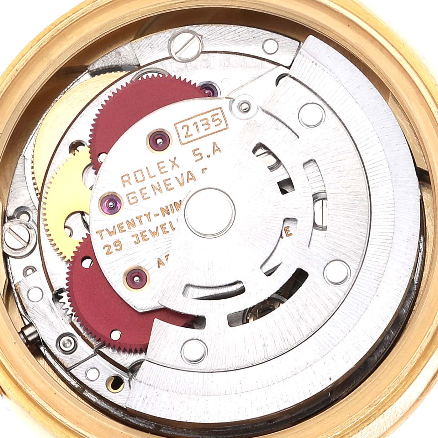 This image shows the inner mechanics and movement parts of a Rolex President 69178 Women's Yellow Gold Champagne Dial 69178 Women's Yellow Gold Champagne Dial model watch from a close-up angle.