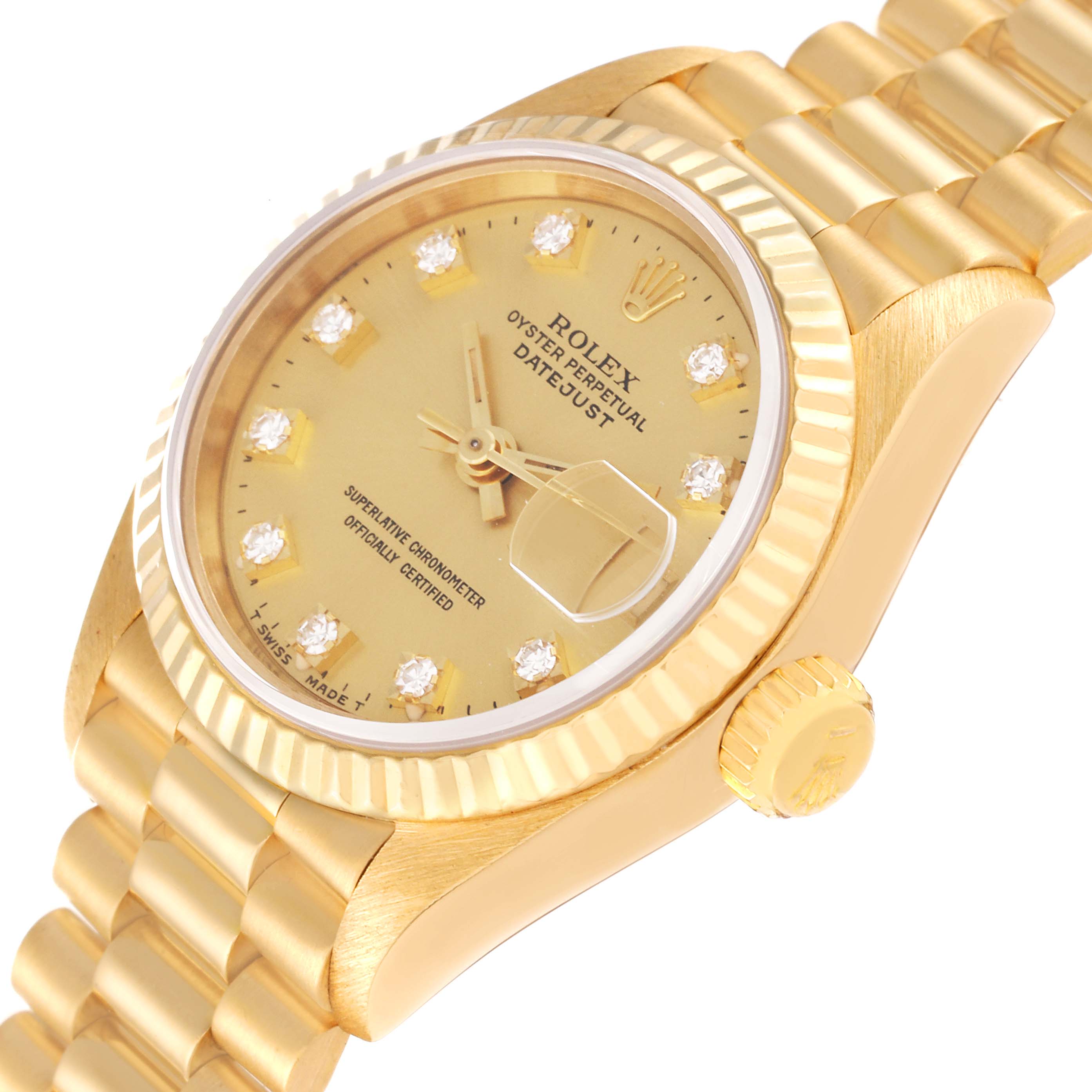 This image shows a close-up angled view of the Rolex President 69178 Women's Yellow Gold Champagne Dial 69178 Women's Yellow Gold Champagne Dial model watch, highlighting its gold dial, fluted bezel, and band.