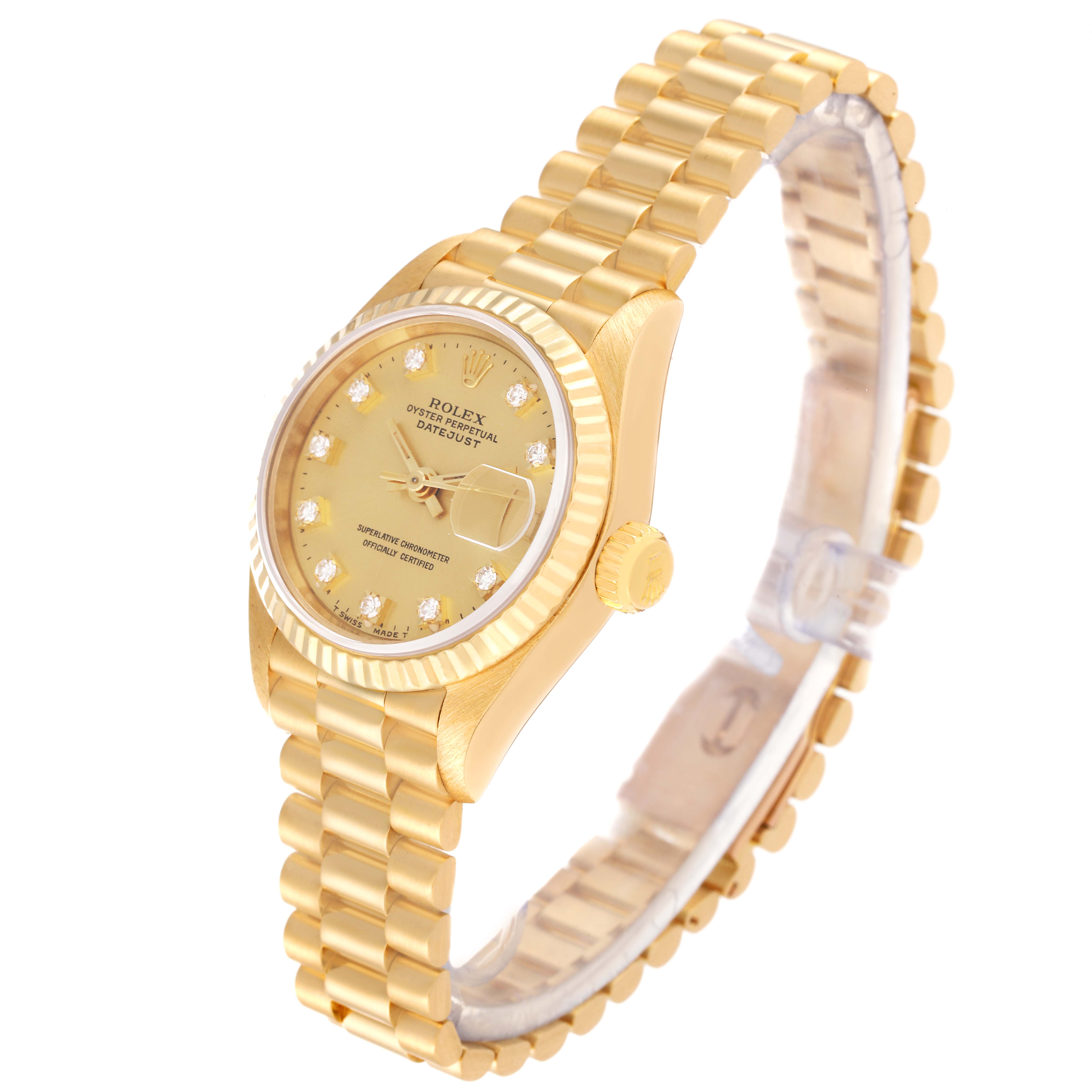 The Rolex President 69178 Women's Yellow Gold Champagne Dial 69178 Women's Yellow Gold Champagne Dial watch is shown at an angle, displaying its gold bracelet, dial, crown, and fluted bezel.