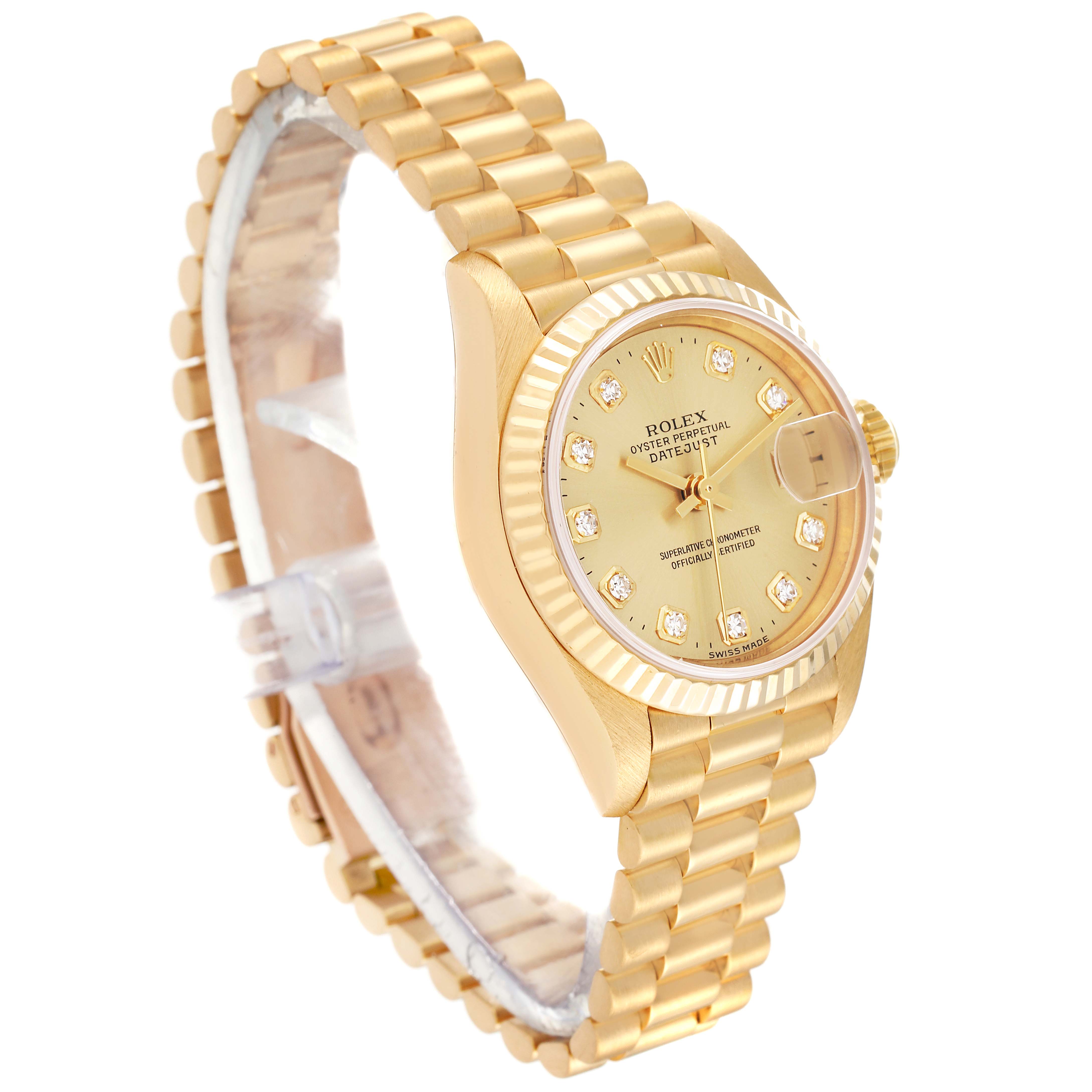 The image shows a side and front angle of the Rolex President 69178 Women's Yellow Gold Champagne Dial 69178 Women's Yellow Gold Champagne Dial model watch, highlighting its gold bracelet, bezel, and dial.