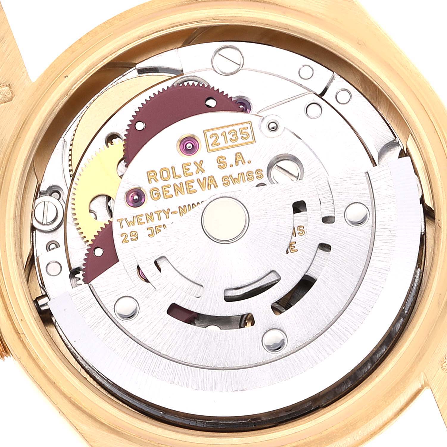 This image shows an internal view of the movement mechanism of a Rolex President 69178 Women's Yellow Gold Champagne Dial 69178 Women's Yellow Gold Champagne Dial model watch at a close-up angle.