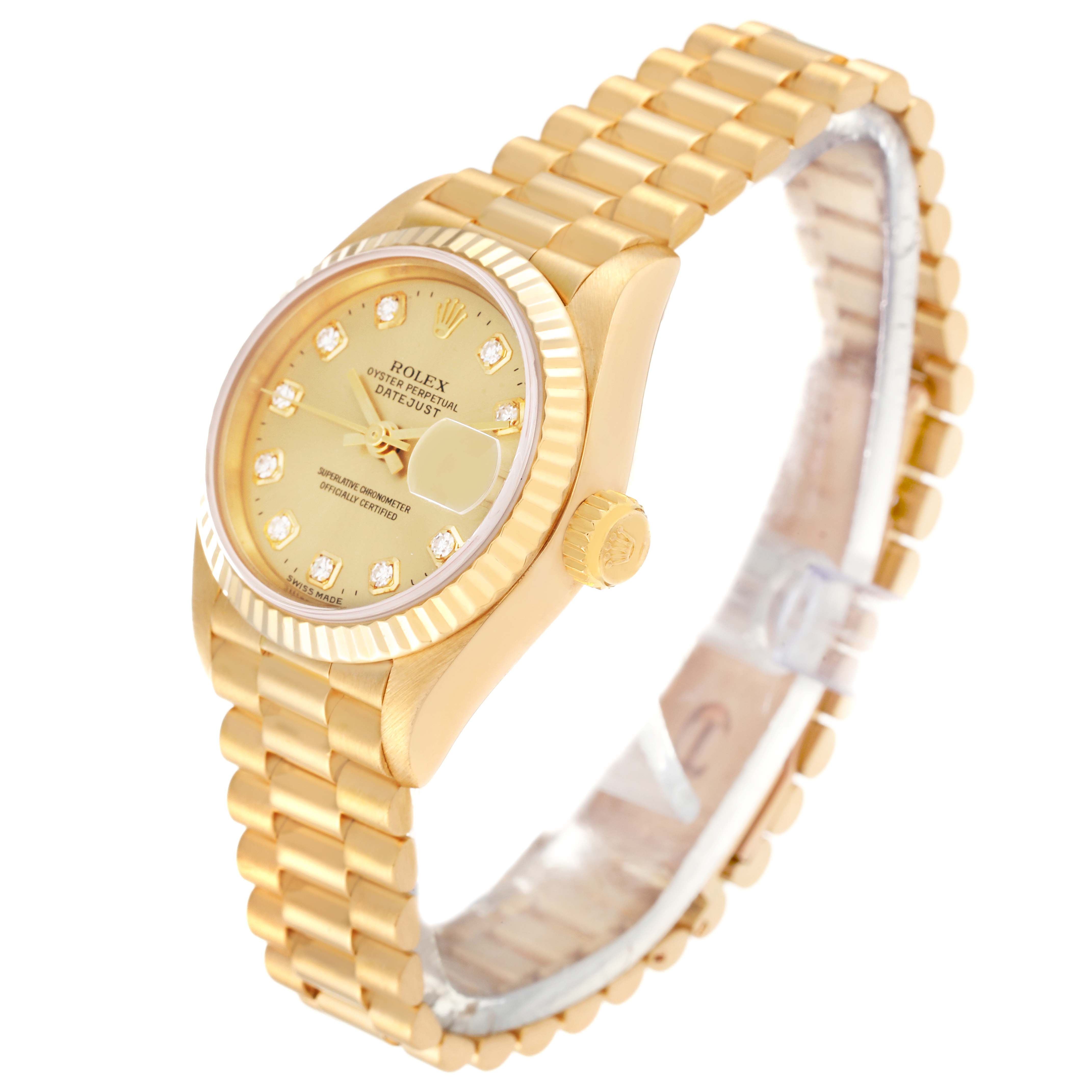 This image shows a Rolex President 69178 Women's Yellow Gold Champagne Dial 69178 Women's Yellow Gold Champagne Dial model watch at a three-quarter angle, highlighting the dial, crown, and bracelet.