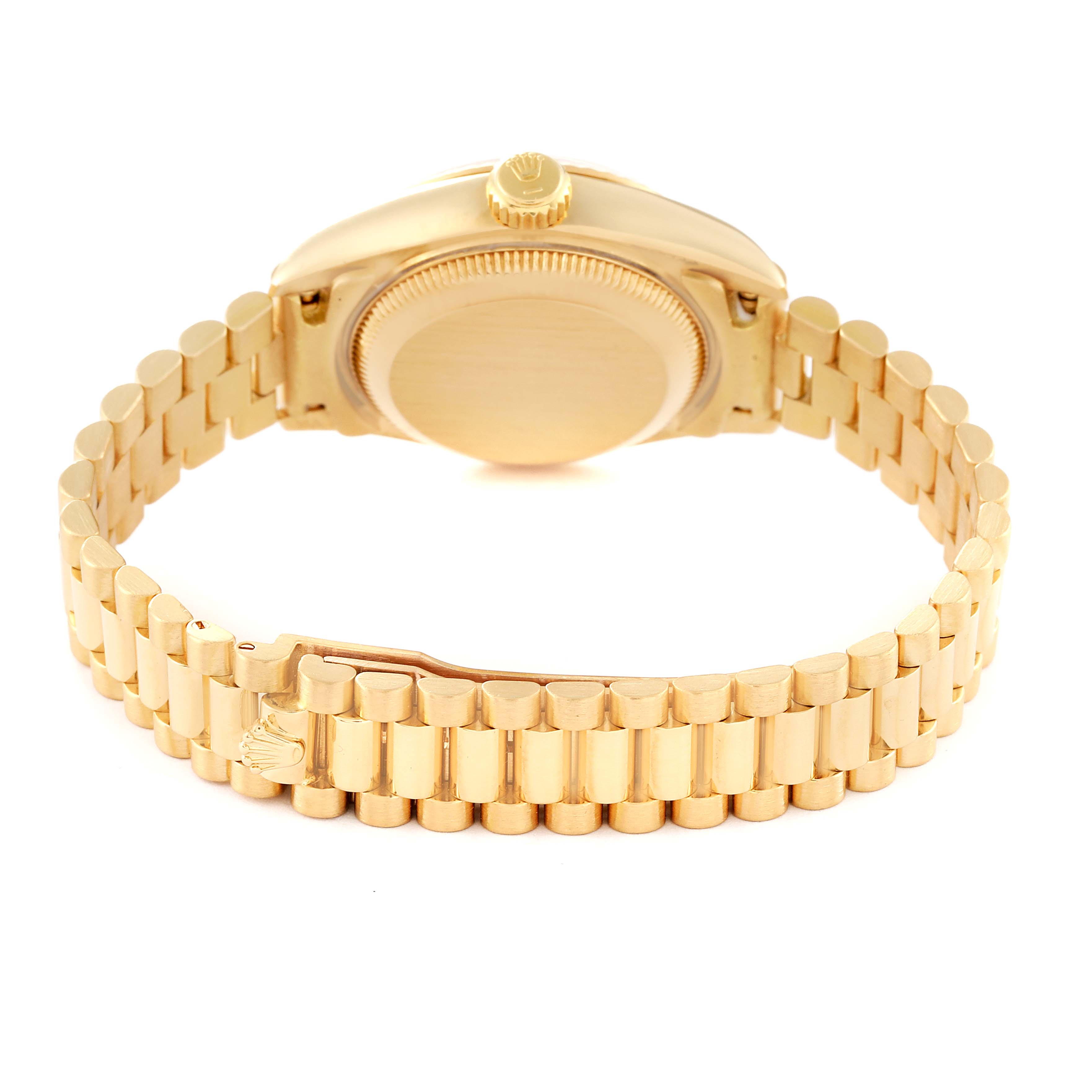 This image shows the back view of a Rolex President 69178 Women's Yellow Gold Champagne Dial 69178 Women's Yellow Gold Champagne Dial model watch, focusing on the case back and gold bracelet.