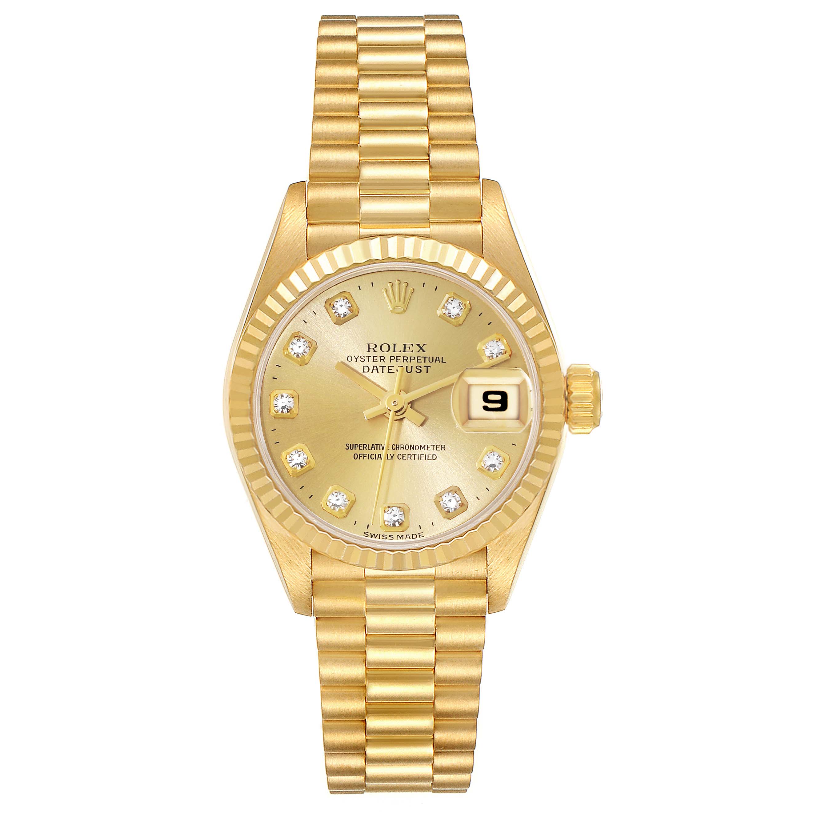The image shows a frontal view of a Rolex President 69178 Women's Yellow Gold Champagne Dial 69178 Women's Yellow Gold Champagne Dial model watch, featuring its gold bracelet, date window, and diamond-hour markers.