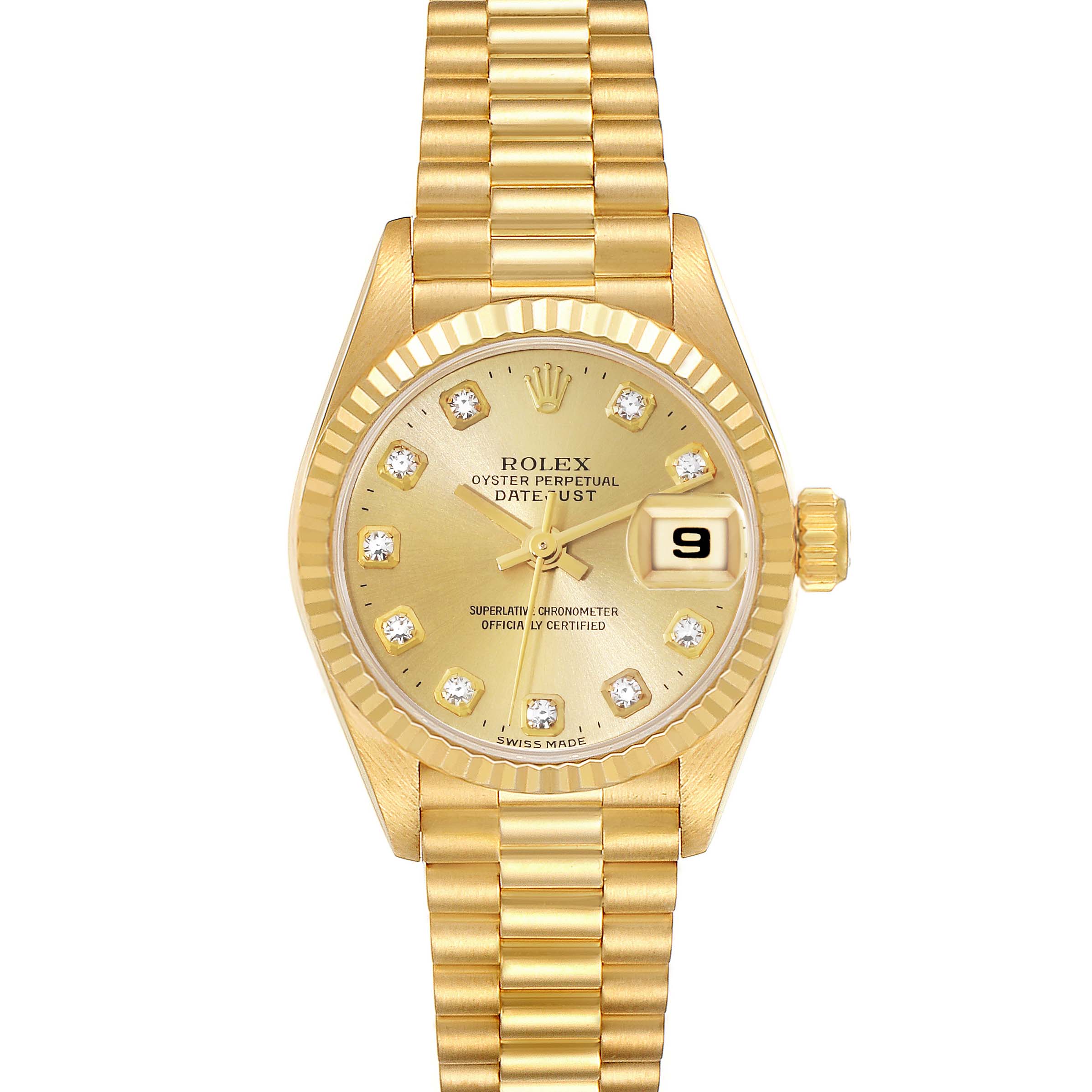 The image shows a top-down view of a Rolex President 69178 Women's Yellow Gold Champagne Dial 69178 Women's Yellow Gold Champagne Dial model watch, displaying the dial, bezel, crown, and bracelet.