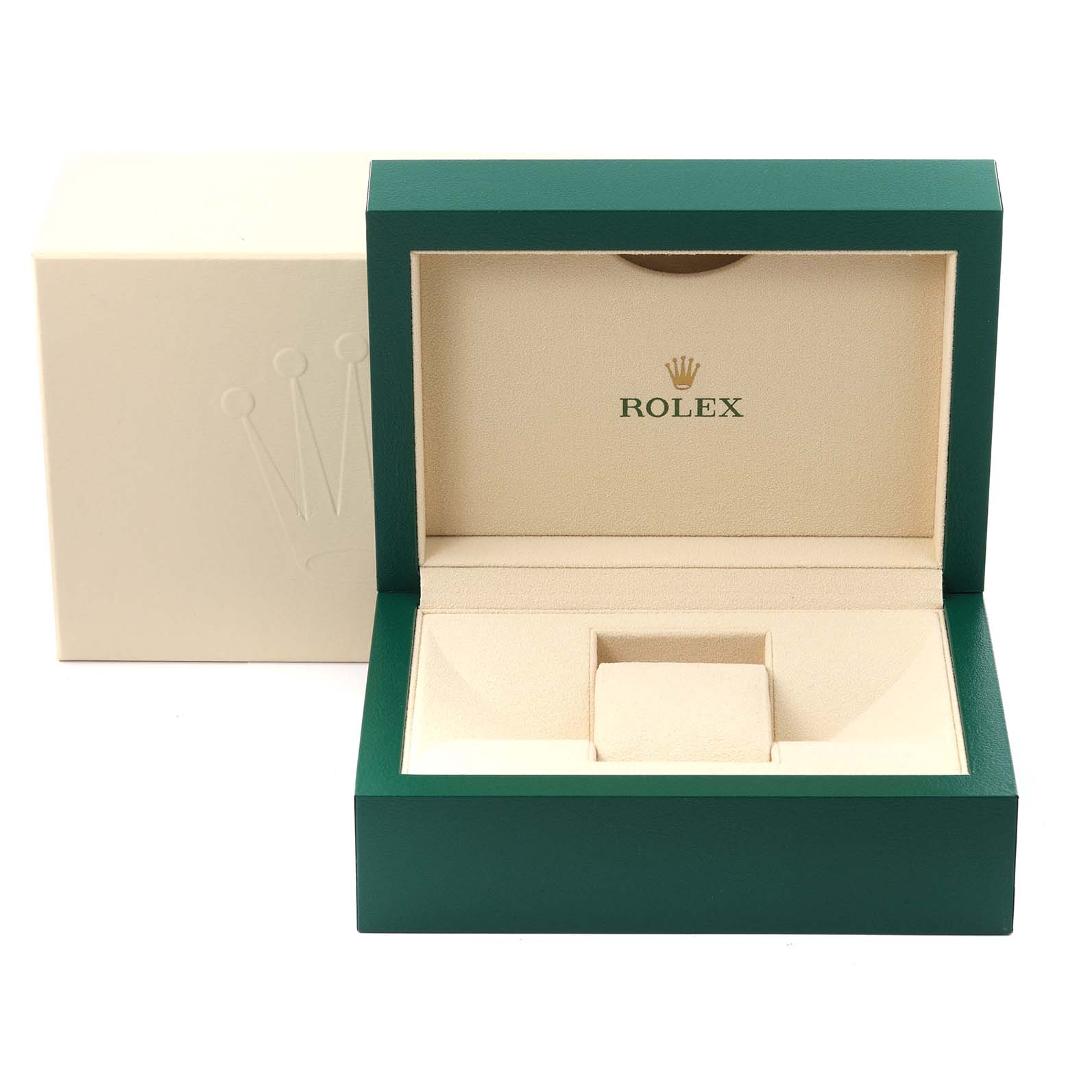 The image shows an open green and beige Rolex Datejust 116244 Men's Stainless Steel Silver Dial 116244 Men's Stainless Steel Silver Dial watch box from the front.