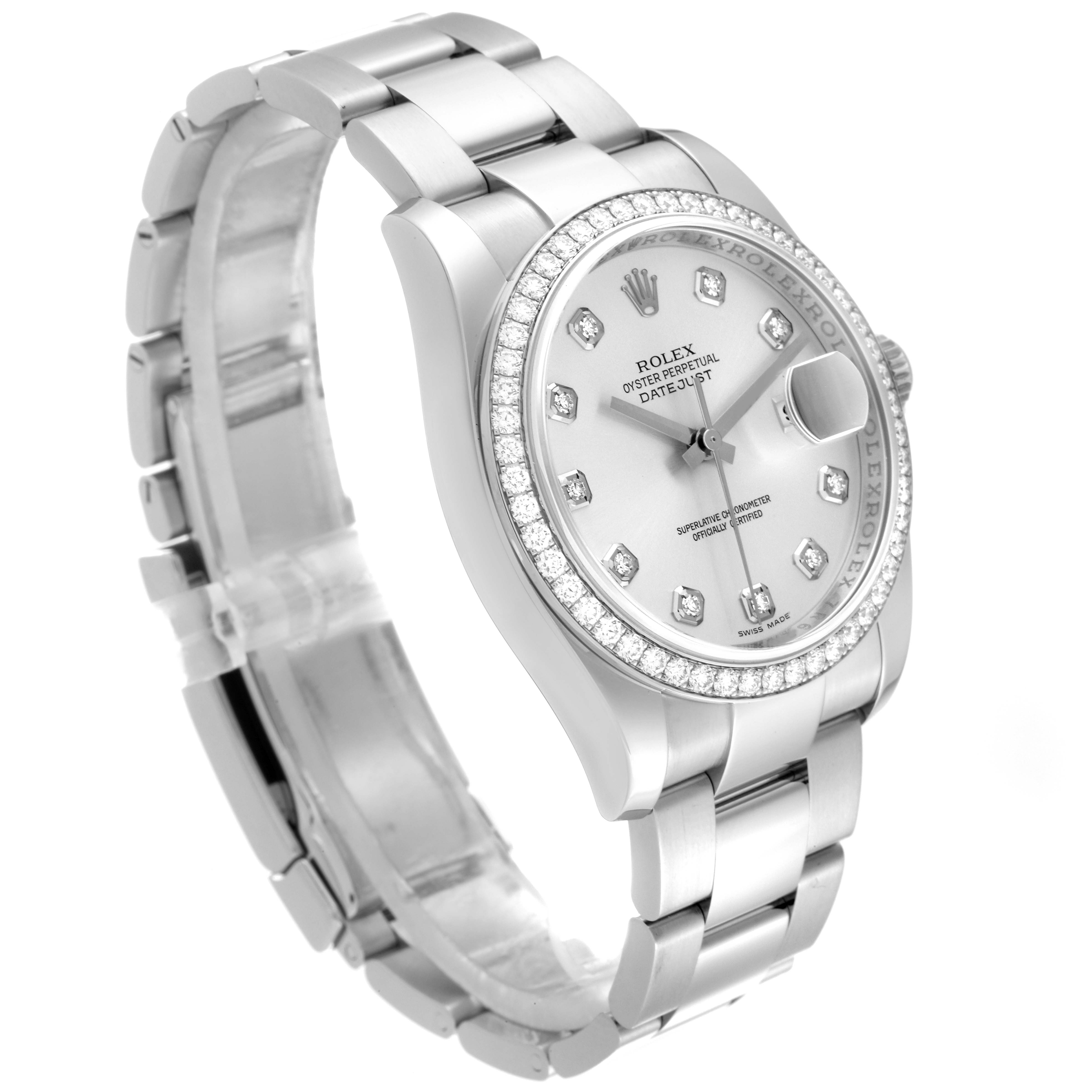 The Rolex Datejust 116244 Men's Stainless Steel Silver Dial 116244 Men's Stainless Steel Silver Dial watch is shown at a three-quarter angle, highlighting the dial, bracelet, and diamond-set bezel.