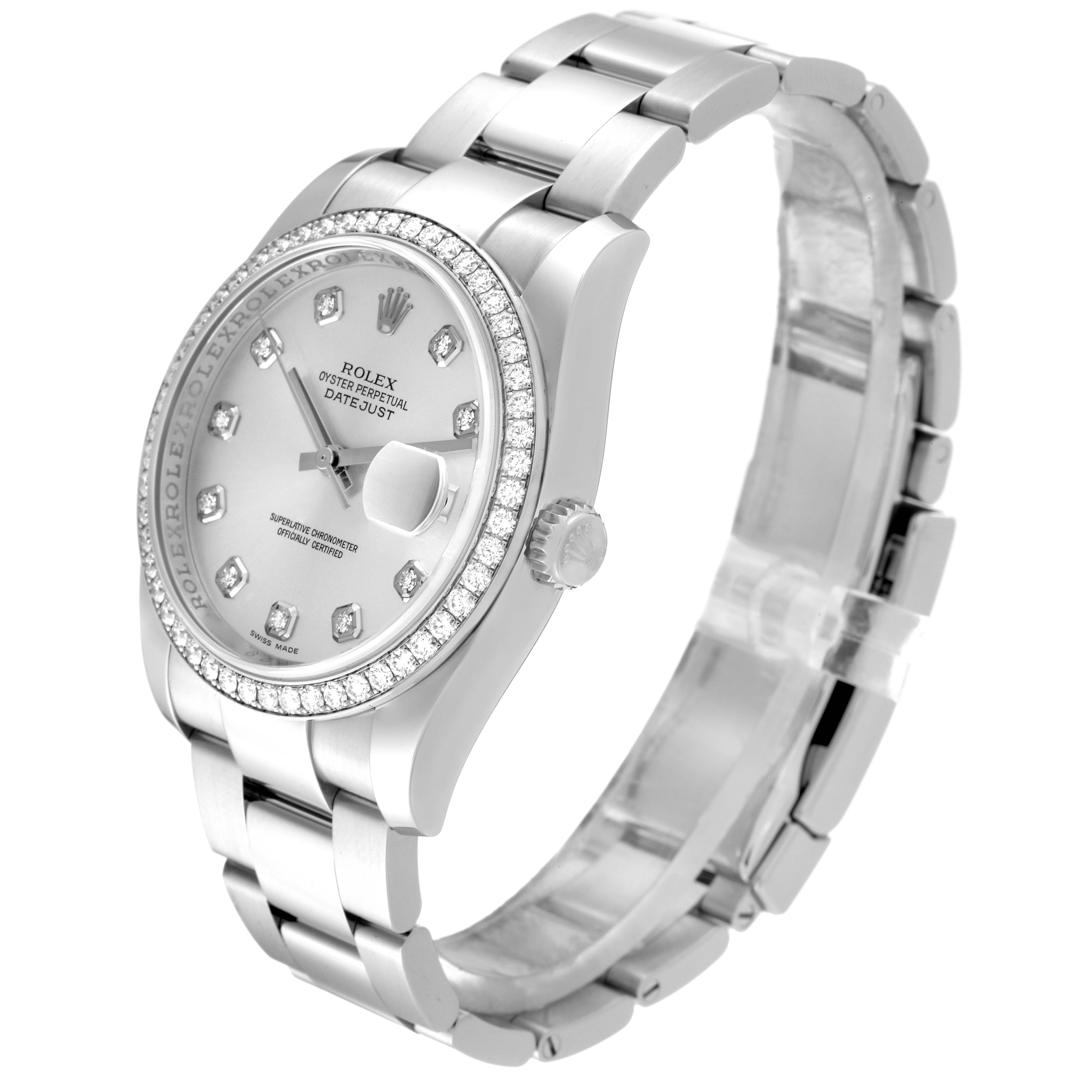 The Rolex Datejust 116244 Men's Stainless Steel Silver Dial 116244 Men's Stainless Steel Silver Dial watch is shown from a slight side angle, highlighting the face, bezel, crown, and bracelet.