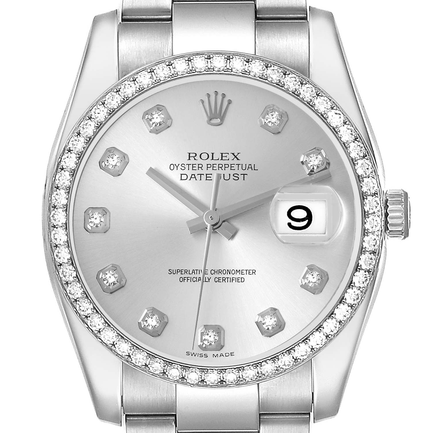 The image shows a Rolex Datejust 116244 Men's Stainless Steel Silver Dial 116244 Men's Stainless Steel Silver Dial watch face from the front, highlighting its diamond bezel and silver dial.