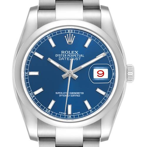 The Rolex Datejust 116200 Men's Stainless Steel Blue Dial watch is shown from the front, displaying the blue dial, hour markers, hands, and date window.