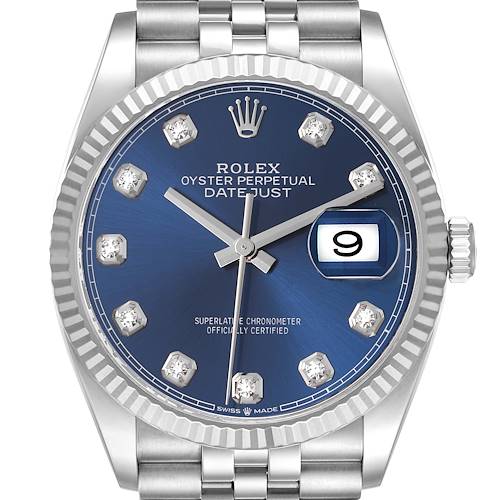 The image shows a front view of the Rolex Datejust watch, displaying its blue dial with diamond hour markers and date window.