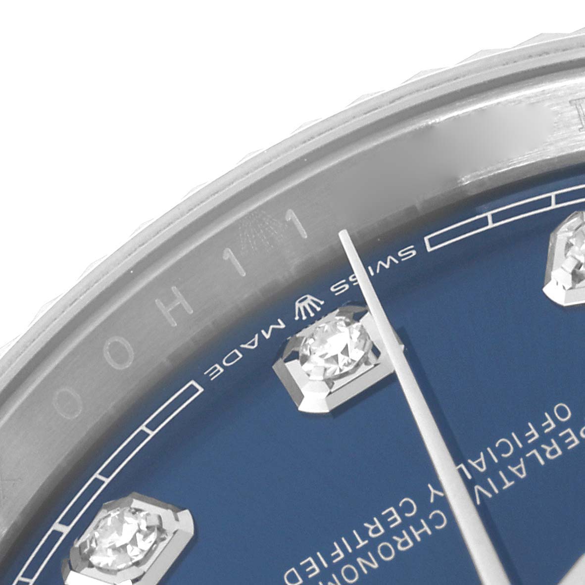 The image shows a close-up of the dial and bezel of a Rolex Datejust 126234 Men's Stainless Steel Blue Dial 126234 Men's Stainless Steel Blue Dial, highlighting the diamond markers and "SWISS MADE."