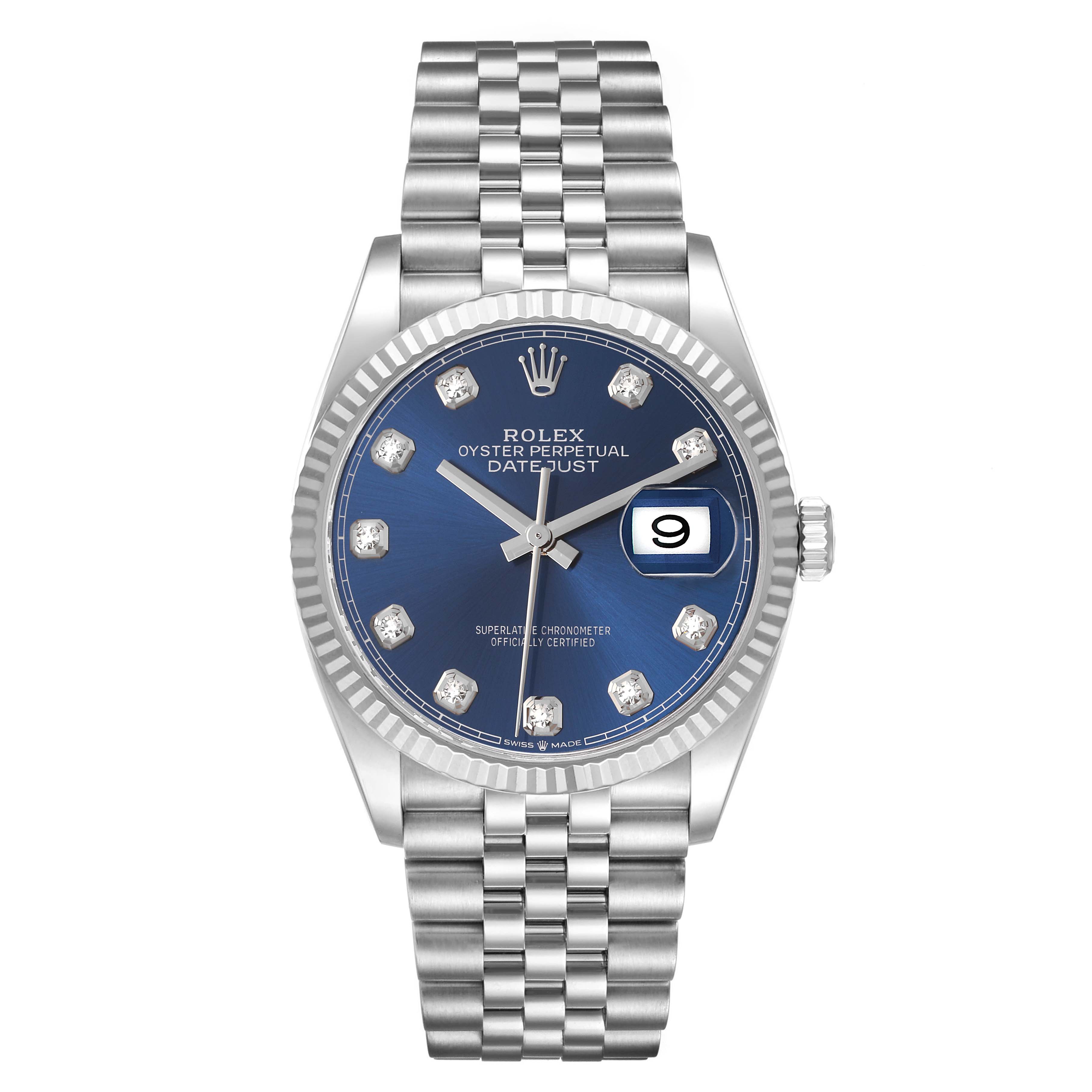 The image shows a front view of the Rolex Datejust 126234 Men's Stainless Steel Blue Dial 126234 Men's Stainless Steel Blue Dial watch, displaying the dial, case, bezel, and bracelet.